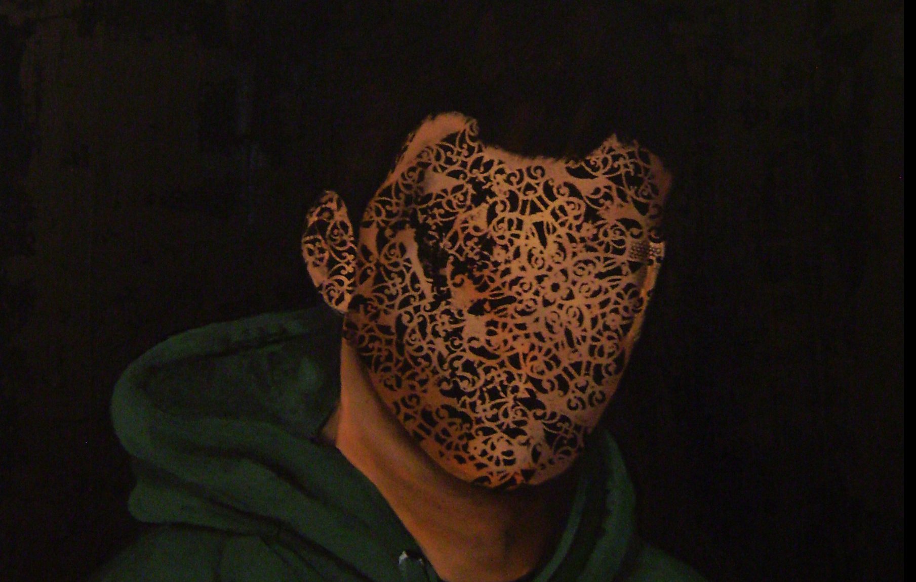 The image depicts a figure wearing a green hoodie, with their face obscured by a decorative mask featuring intricate patterns. The mask covers the person's face, leaving only the hoodie and part of the neck visible. The background is dark, enhancing the contrast between the figure and the decoration on the mask. Overall, the image conveys a sense of mystery and anonymity.