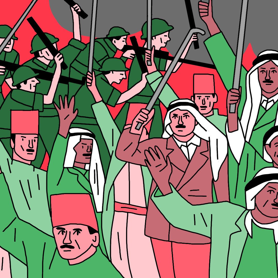 La imagen muestra una multitud de personas sosteniendo palos y armas, con un fondo dramático de llamas y un cielo oscuro. Hay soldados uniformados en la parte superior, mientras que en el centro se pueden ver civiles, algunos con vestimenta tradicional. La escena parece representar una manifestación o un conflicto, con un enfoque en la emoción y la determinación de los participantes. Los colores predominantes son rojos, verdes y tonos claros, lo que añade una atmósfera intensa a la imagen.