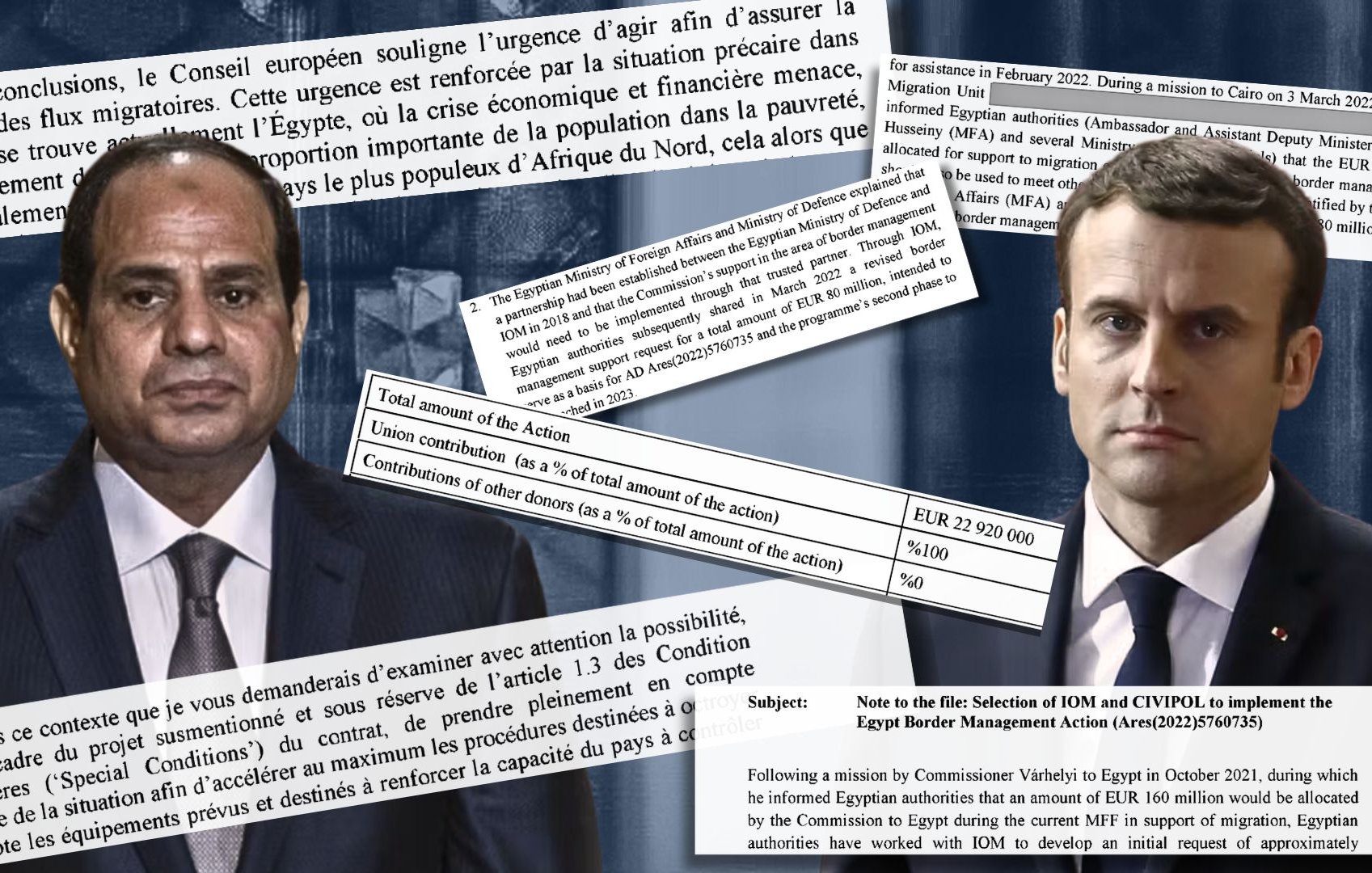 La imagen parece consistir en un collage que incluye fotografías de dos líderes políticos: uno de ellos es un hombre con un traje oscuro y una corbata que probablemente sea un presidente, y el otro también es un hombre con un atuendo formal. Además, hay documentos o textos superpuestos que contienen información, números y referencias a acuerdos o acciones relacionados con la economía, la migración y la gestión de fronteras en Egipto. También se mencionan diferentes montos de dinero en euros, lo que sugiere un enfoque en la financiación o el apoyo financiero entre los países involucrados. El fondo de la imagen incluye textos en francés y posiblemente en inglés, lo que indica una colaboración o un diálogo internacional.