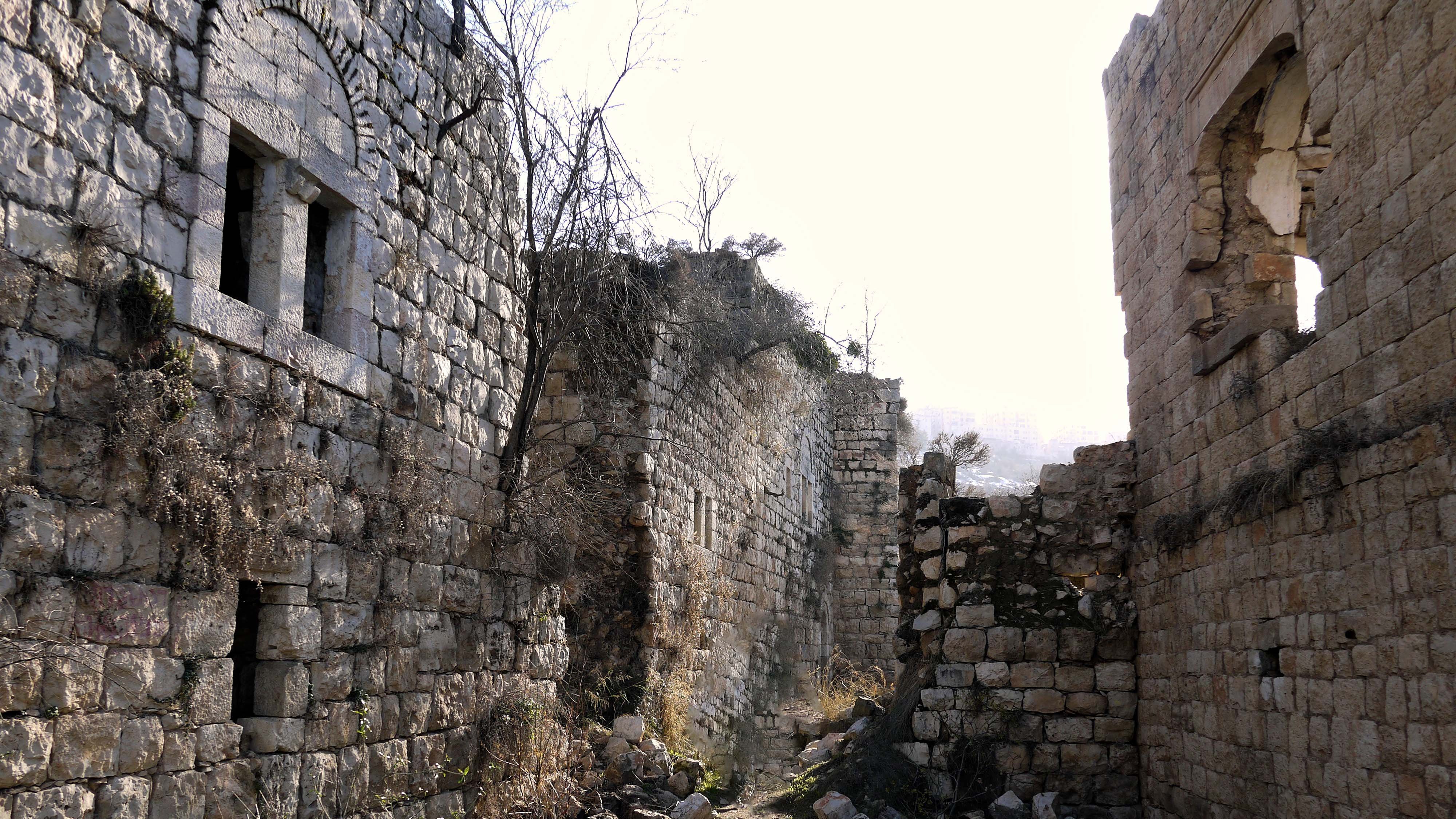 این تصویر نمایی از یک منطقه ویران‌شده است که دیوارهای سنگی و قدیمی آن هنوز پابرجا مانده‌اند. در اطراف دیوارها، گیاهان خشک و علف‌های هرز به چشم می‌خورند. روشنایی تصویر ممکن است نشان‌دهنده‌ی یک روز آفتابی باشد، با نور ملایمی که بر روی خرابه‌ها می‌تابد. برخی از دیوارها دارای پنجره‌های باز هستند و بخش‌هایی از ساختمان‌ها کاملاً تخریب شده‌اند. به طور کلی، جو تصویر حس خاطره‌ای از تاریخ و گذشته را منتقل می‌کند.