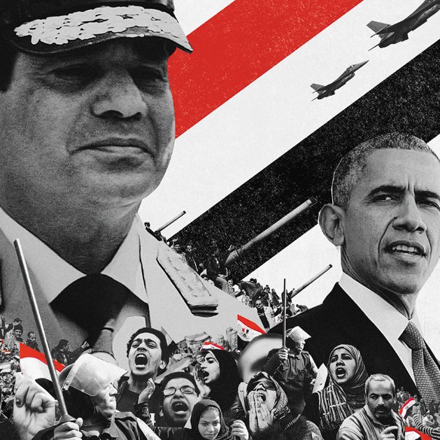 L'image présente un montage graphique avec au premier plan deux figures politiques, entourées d'une ambiance de manifestation. À gauche, on voit un homme en uniforme militaire, probablement un dirigeant, tandis qu'à droite, un homme en costume, portant un sourire sérieux, symbolise une autre personnalité politique importante. En arrière-plan, des silhouettes de manifestants brandissent des drapeaux et des pancartes, créant un contraste dynamique avec des motifs graphiques et des avions stylisés évoquant la tension ou le conflit. Les couleurs dominantes sont le rouge, le noir et le blanc, ajoutant une dimension dramatique à la composition.