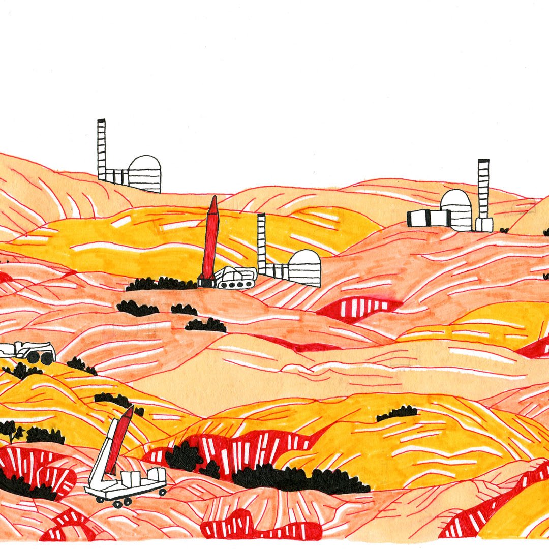 L'image représente un paysage désertique aux teintes chaudes, avec des collines ondulées colorées en orange et rouge. Plusieurs véhicules, probablement des engins de construction ou d'exploration, sont dispersés dans le paysage. On peut voir des structures ressemblant à des installations industrielles, comme des silos ou des détecteurs, à l'arrière-plan. L'ensemble donne une impression d'environnement extraterrestre ou de zone sur laquelle des activités industrielles ont lieu.