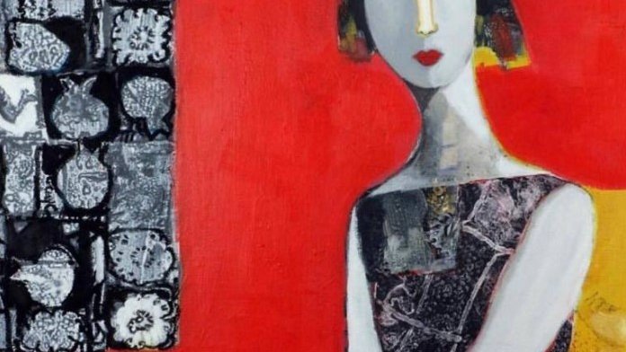 تظهر في هذه الصورة امرأة تجلس في وضعية هادئة. تبرز ملامح وجهها بشكل واضح، مع عيون تعكس تعبيراً عميقاً. ترتدي فستاناً يحمل زخارف مختلفة، ويتواجد بجوارها طائر أبيض يبدو وكأنه يجلس على الطاولة. الخلفية ملونة بالأحمر، مما يضيف بعض الحيوية للصورة. الرسمة تعكس أسلوباً فنياً يجمع بين السريالية والتعبيرية، مما يمنحها طابعاً مميزاً وفريداً.