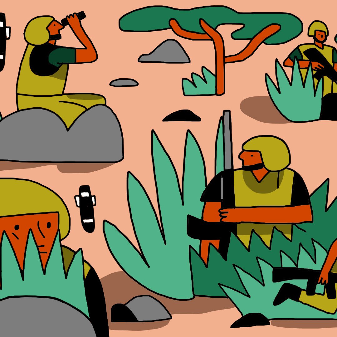 L'image représente des soldats dans un environnement de jungle ou de savane. On peut voir plusieurs soldats, certains utilisant des jumelles, d'autres armés, infiltrés parmi les rochers et la végétation, qui est stylisée avec des formes simplifiées. L'arrière-plan présente des arbres caractéristiques, et des icônes évoquant des munitions ou des objets militaires avec le label "USA". L'ensemble dégage un air dynamique avec une palette de couleurs vives.