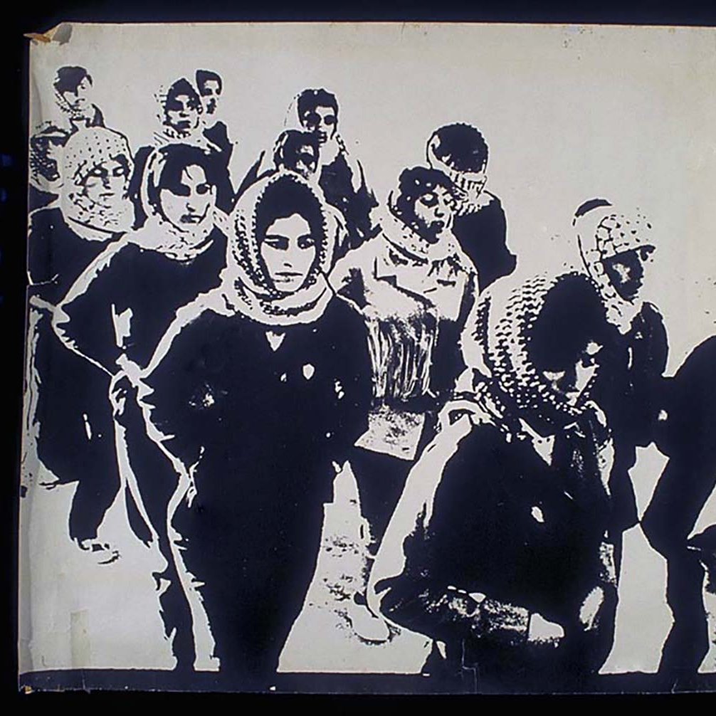 The image appears to be a black-and-white depiction of a group of people walking. They are wearing headscarves, and their expressions convey a sense of determination or seriousness. The scene is likely conveying a historical or social context, emphasizing themes of struggle or protest. The artistic style gives it a dramatic and powerful feel, highlighting the figures against a lighter background.