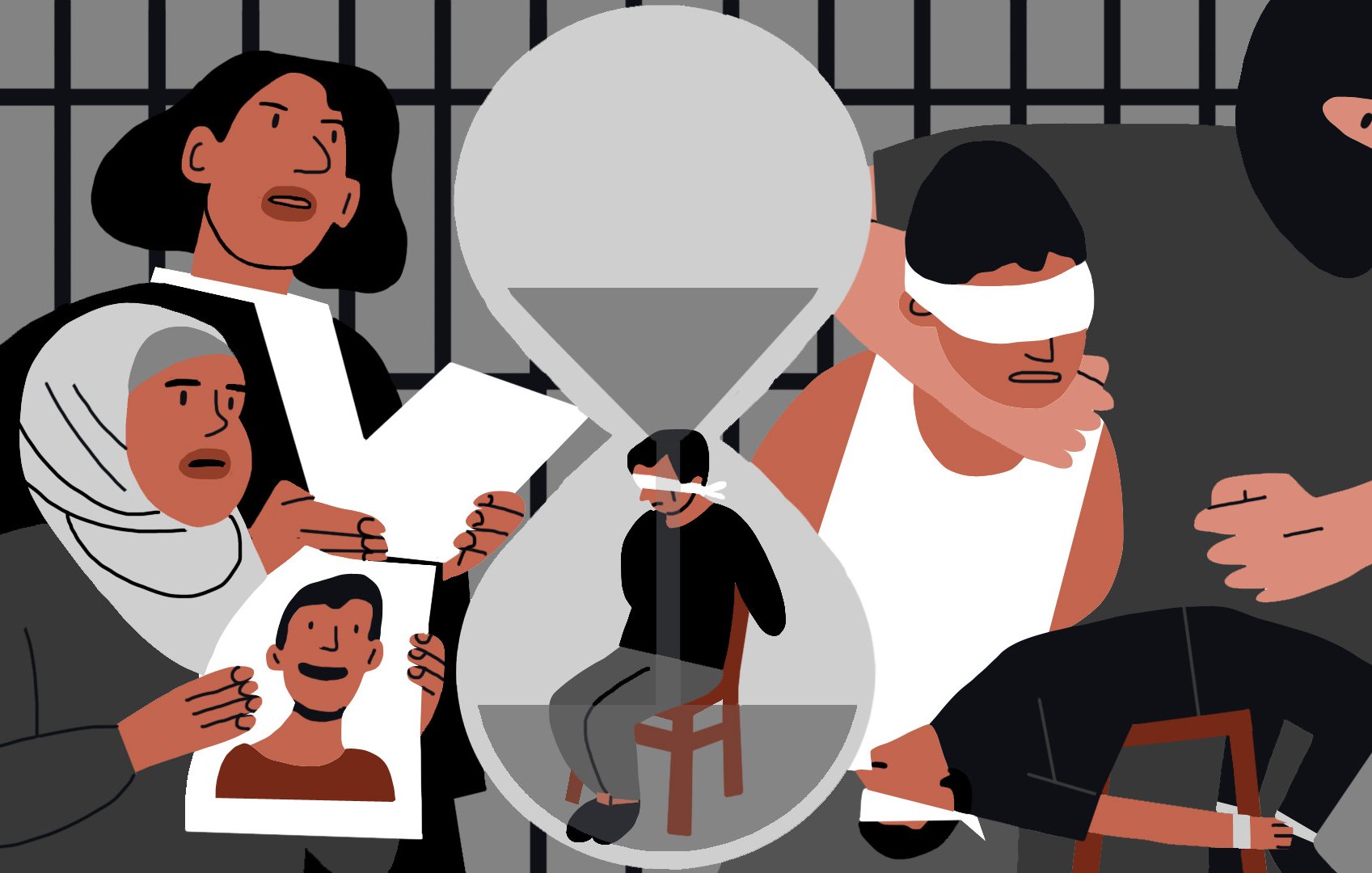 La imagen muestra una representación artística con varias figuras humanas en un entorno que sugiere un ambiente de prisión o detención. En el centro, hay un reloj de arena grande, simbolizando el tiempo. Dentro del reloj de arena, se ve una figura humana sentada en una silla, con los ojos vendados. Alrededor, hay diferentes personajes: una mujer con un hiyab sostiene una foto de alguien, mientras otros personajes parecen preocupados o angustiados. Algunos tienen la cabeza cubierta y expresan una sensación de tensión y desasosiego. La escena evoca temas de privación de libertad, angustia y la espera prolongada.