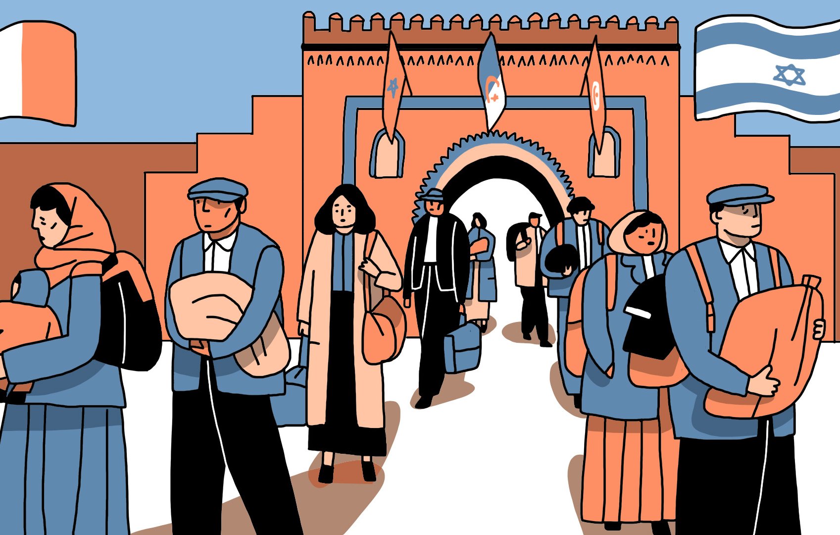 La imagen muestra a un grupo de personas caminando por una puerta o arco que parece ser la entrada de un lugar histórico, con banderas de Francia e Israel visibles en el fondo. La mayoría de las personas llevan equipaje, como mantas y mochilas, y hay una variedad de vestimenta entre ellos, que incluye trajes formales y ropa tradicional. El ambiente parece ser de movimiento y transición, quizás sugiriendo un viaje o una nueva etapa en sus vidas. El diseño es estilizado, con colores predominantes en tonos cálidos y un estilo gráfico moderno.