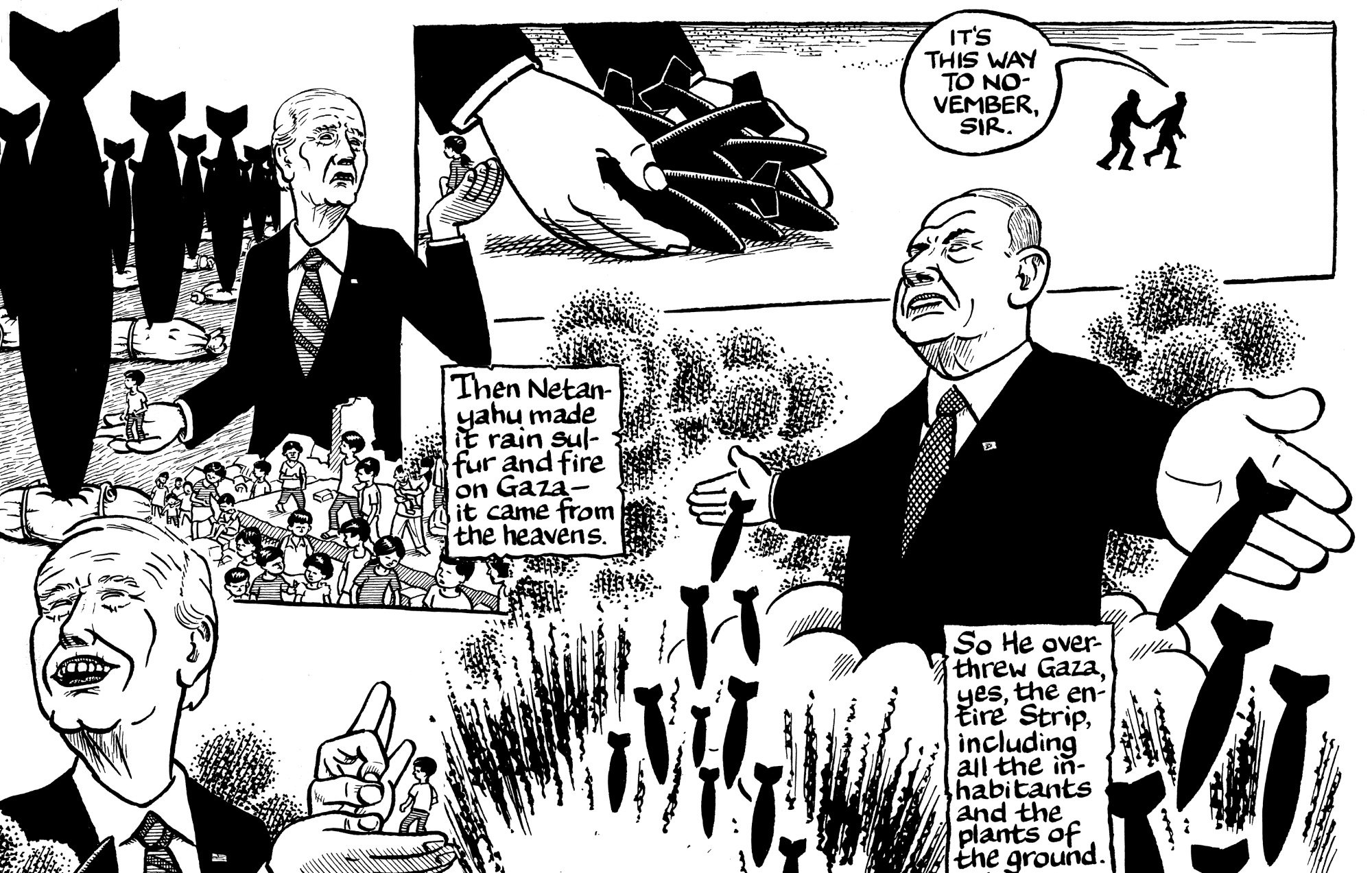 L'image semble comporter une caricature politique. D'un côté, on voit une figure qui ressemble à un homme politique, probablement en train de parler avec un geste théâtral. De l'autre, une autre figure masculine, semblant être un leader israélien, montre une scène dramatique. Il y a des éléments symboliques, comme des missiles ou des bombes, et des références explicites à des événements récents, notamment liés à Gaza. Des éléments visuels renforcent le message critique sur des actions militaires et politiques, ainsi que leur impact sur les populations. Le style est graphique et pourrait susciter une réflexion sur la situation géopolitique.