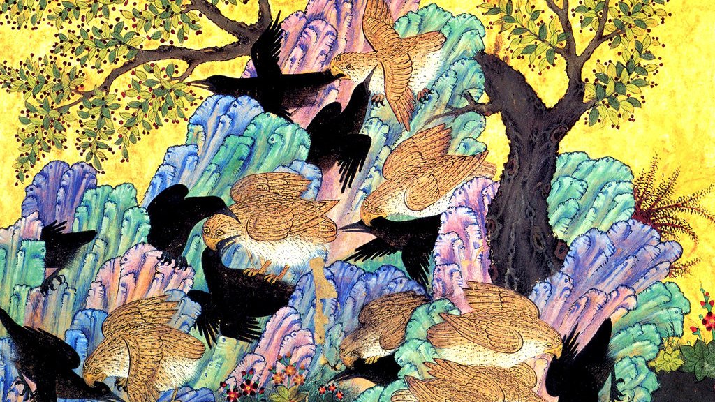 Des oiseaux noirs et dorés volent parmi des collines colorées sous un ciel jaune.