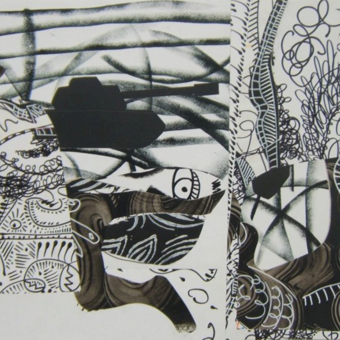 این تصویر شامل ترکیبی از اشکال انتزاعی و خطوط پیچیده است. زمینه کار به‌طور عمده سیاه و سفید است و با الگوهای مختلفی از جمله خطوط منحنی و اشکال گیاهی تزئین شده است. برخی از قسمت‌ها به صورت خاص ترسیم شده‌اند که حالتی متفاوت به کار می‌دهند. این اثر حس آزادی و خلاقیت را منتقل می‌کند و به بیننده احساس کنجکاوی می‌دهد.