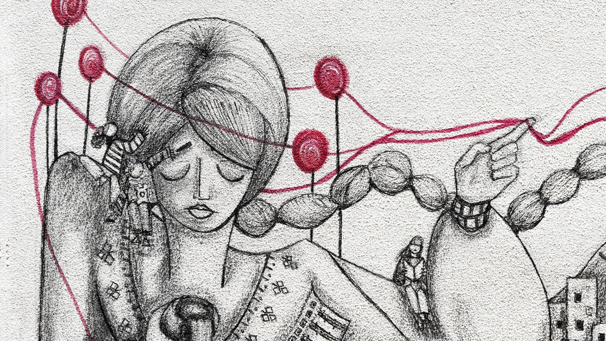 L'immagine rappresenta un'illustrazione monocromatica con elementi grafici in rosso. Al centro si trova una figura femminile con i capelli lunghi e intrecciati, che appare pensierosa. Attorno a lei ci sono linee rosse che sembrano collegare vari elementi, suggerendo una connessione o un'interazione. In primo piano, sono visibili piccole figure e simboli che arricchiscono la scena, creando un'atmosfera intensa e concettuale. L'uso delle tonalità e delle linee rende l'immagine evocativa, richiamando temi di introspezione e connessione.