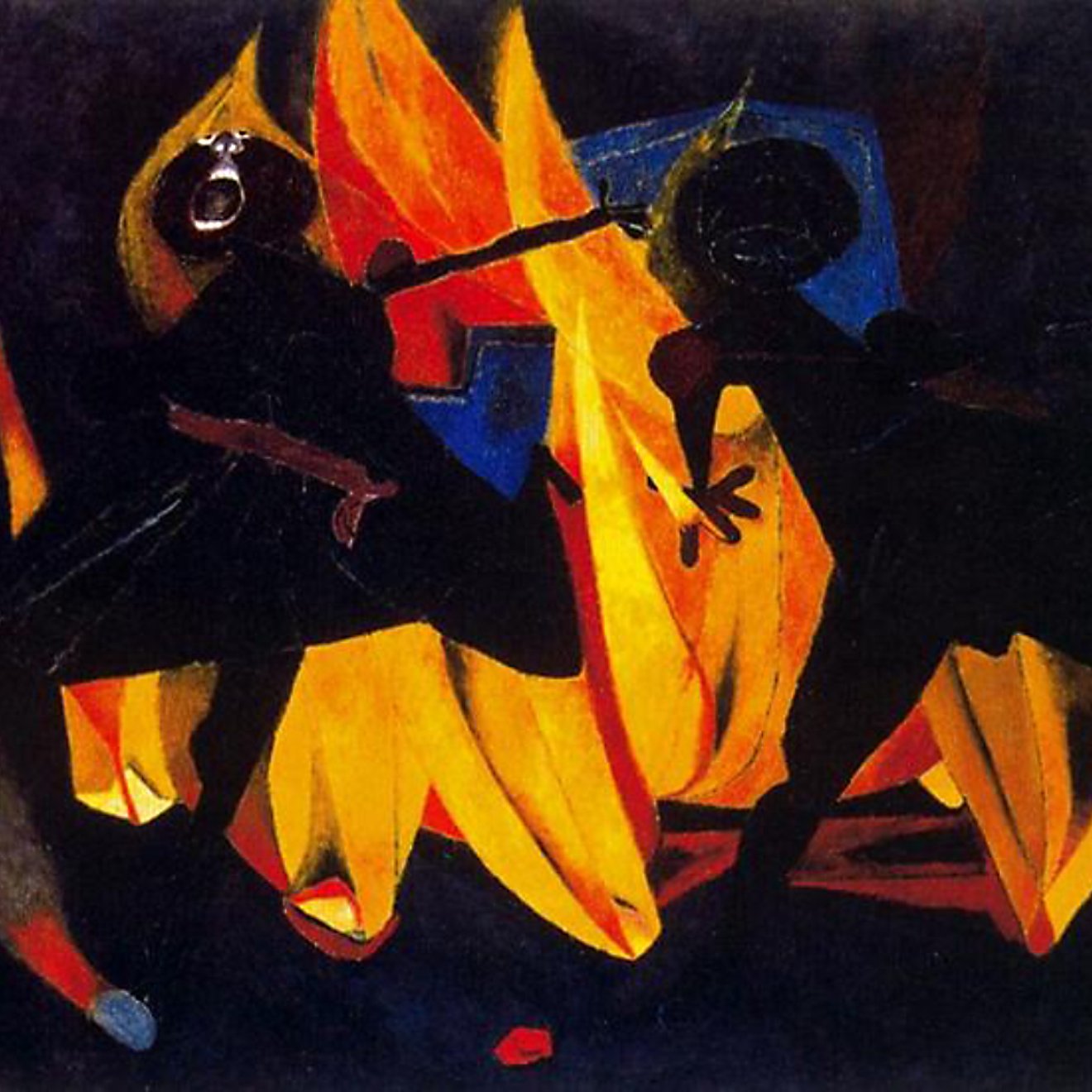 تصویر دو سیاه‌پوست در حال رقص در پس‌زمینه آتش، با حالتی شاداب و زنده نمایش داده شده است.