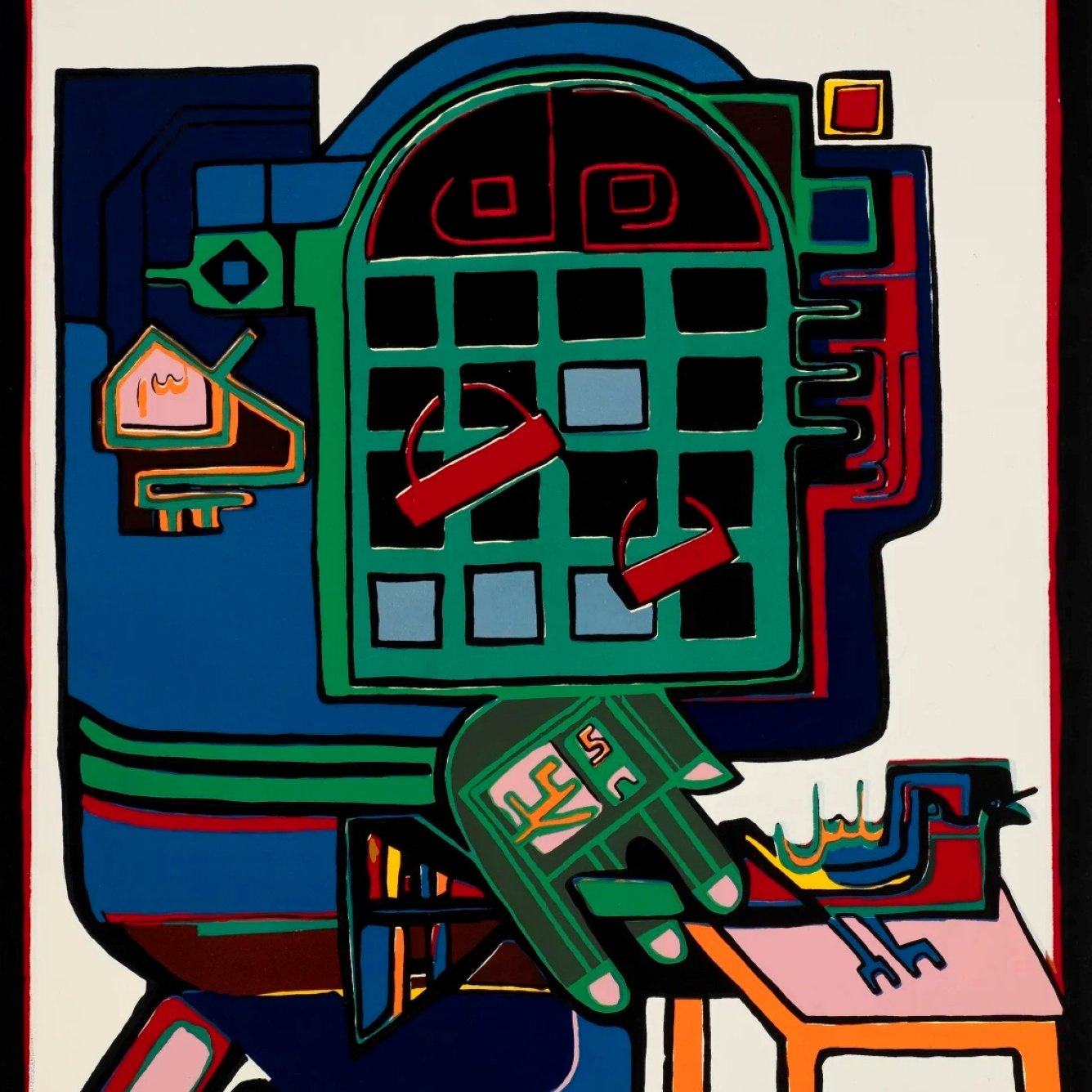 Composition abstraite colorée avec des formes géométriques et un personnage stylisé.