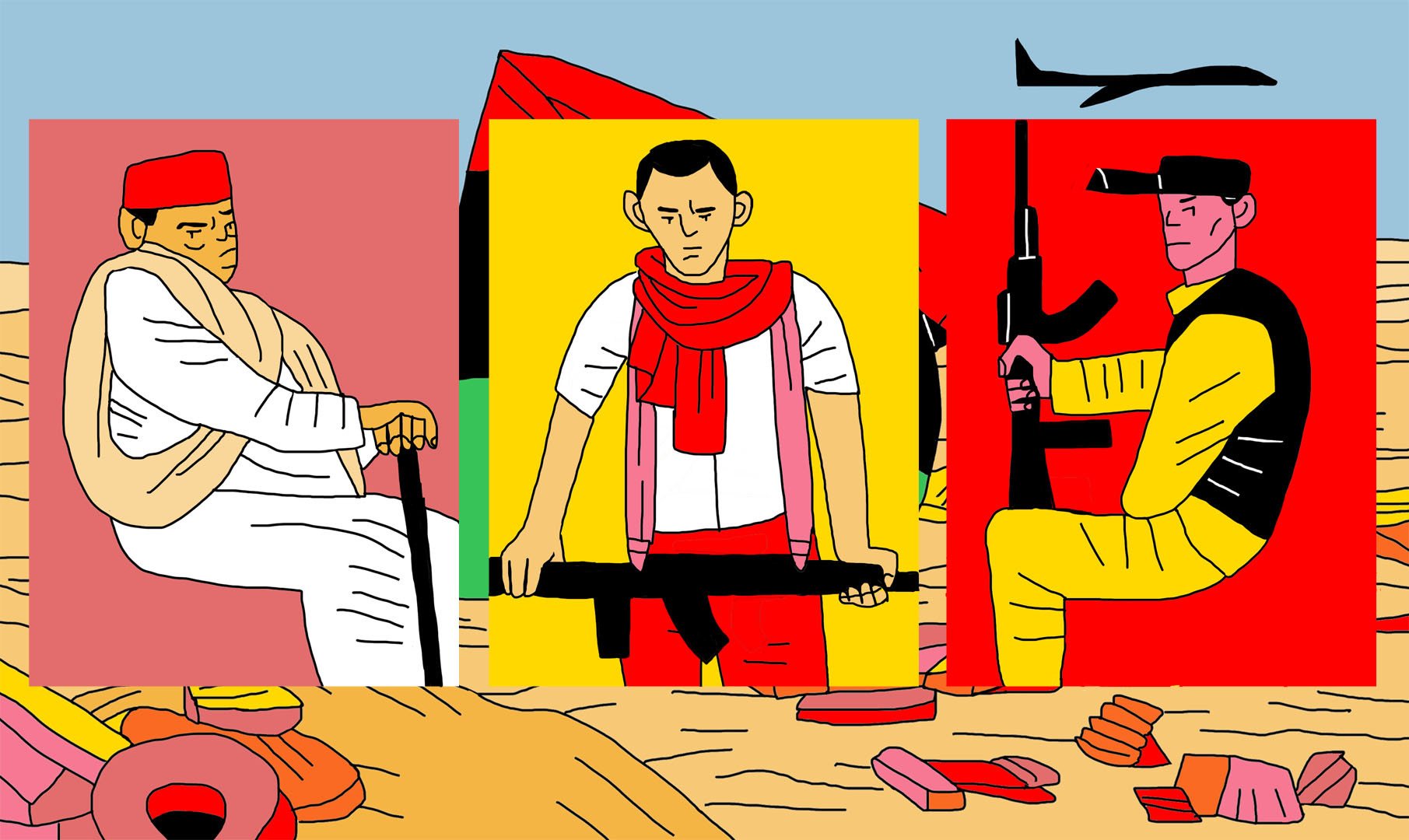 L'image présente trois personnages stylisés, chacun dans un cadre coloré différent. À gauche, un homme portant un turbant rouge et une tenue blanche est assis avec une canne. Au centre, un personnage debout porte un t-shirt et un foulard rouge, tenant une arme automatique. À droite, un homme est habillé en noir et jaune, tenant également une arme. Le fond évoque un paysage désertique avec des éléments de débris colorés. L'ensemble crée une atmosphère qui semble aborder des thèmes de conflit ou de tension.