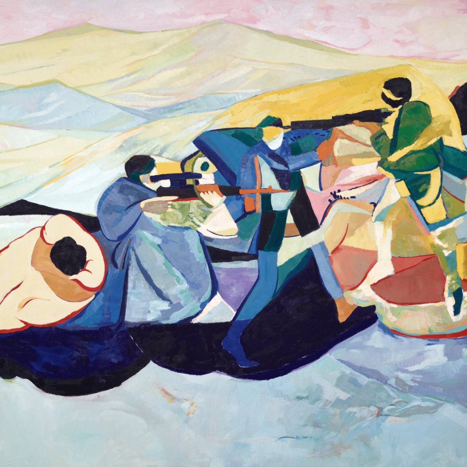 L'image montre une scène stylisée et colorée représentant des figures humaines de manière abstraite. On voit quelques personnages en action, portant des armes, dans un décor qui rappelle des paysages, peut-être montagneux. Les teintes utilisées sont variées, avec des bleus, des verts et des roses, donnant une ambiance dynamique et expressive. Les formes sont fluides et puissantes, soulignant un sentiment de mouvement et d'interaction entre les figures.