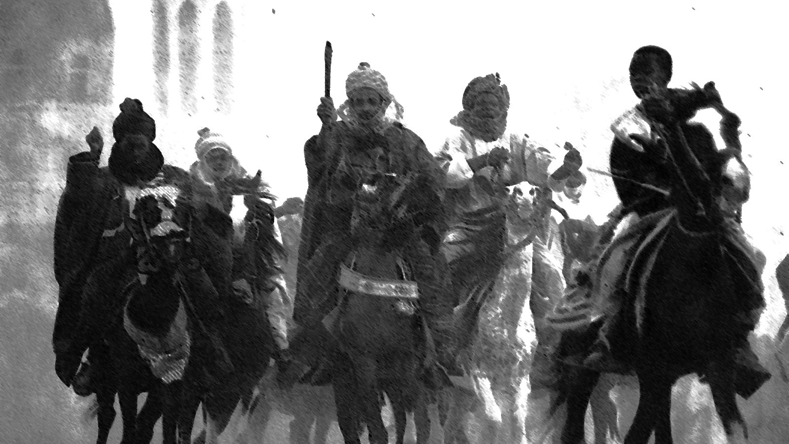 L'image montre un groupe de cavaliers, probablement en marche ou en procession, entourés de brume ou de poussière. Ils portent des vêtements traditionnels et des ornements, et certains tiennent des armes. L'atmosphère semble dynamique et historique, évoquant une scène de bataille ou de célébration. Les détails sont atténués, créant un effet artistique qui se concentre sur les silhouettes des cavaliers et leurs montures.