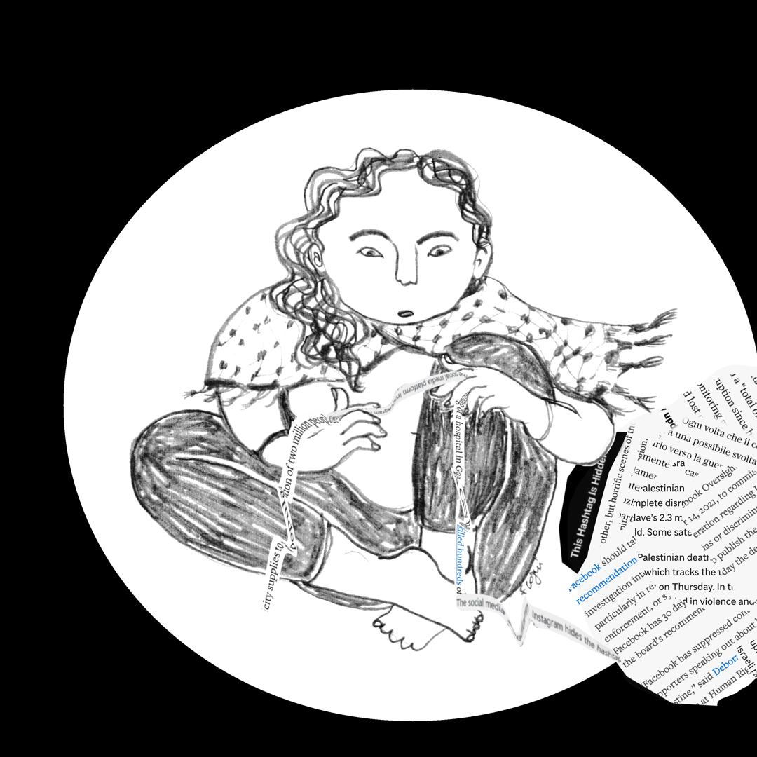 L'image représente une figure humaine dessinée de façon expressive, assise dans une posture pensive. Elle a des cheveux ondulés et semble concentrée, avec des yeux écarquillés, comme si elle était en train de réfléchir ou de s'interroger. Autour d'elle, on voit un cercle blanc qui contraste avec le fond noir, mettant en avant l'illustration. À côté de la figure, il y a un amas de papiers brouillons ou de coupures de presse, qui donnent une impression de désordre ou d'accumulation d'idées. Cela pourrait symboliser une tentative de collecte d'informations ou de réflexion sur des sujets complexes. Les éléments visuels suggèrent un moment d'introspection ou de créativité.