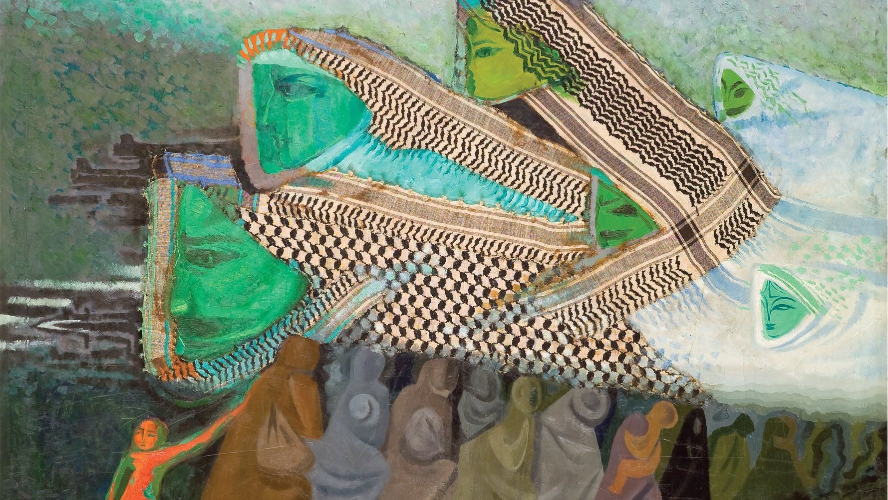 الصورة تظهر لوحة فنية معقدة ومليئة بالألوان المبهجة. في المقدمة، يوجد شخص واحد ملون بالأحمر يُشير أو يسير نحو مجموعة من الأشكال المعتمة التي تمثل مجموعة من الأشخاص. الأشكال الخلفية تظهر بألوان فاتحة ورؤوس متميزة، بعضها يحمل ملامح وجه أخضر. استخدام الأشكال والزخارف يعطي إحساسًا بالحركة والتداخل بين العناصر. الخلفية تمزج بين الألوان الدافئة والباردة، مما يضيف عمقًا للعمل الفني ويخلق جوًا من التأمل والتفاعل بين الشخصيات المختلفة.