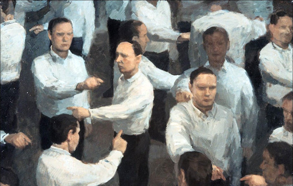 تظهر الصورة مشهدًا فنيًا معقدًا يتضمن مجموعة من الأشخاص الذين يرتدون قمصانًا بيضاء، ويبدو أنهم في حالة تشير أو توجيه أصابعهم. يتكرر الشكل الرئيسي للرجال في التكوين، مما يخلق إحساسًا بالازدواجية والحركة الديناميكية. يساهم استخدام الألوان والظلال في خلق جو من الانفعال والتركيز، حيث يبدو أن كل شخصية تعبر عن حالة أو شعور مختلف.