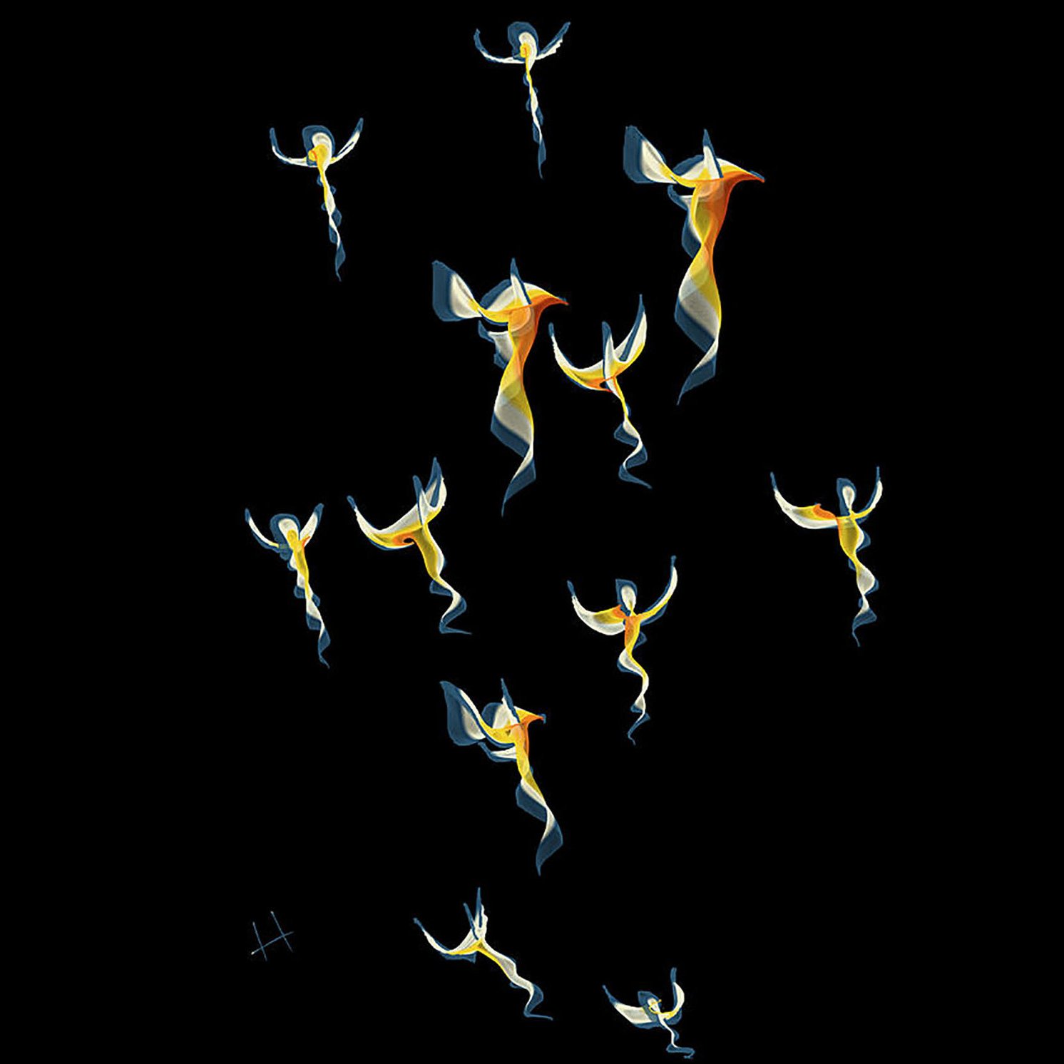 الصورة تظهر مجموعة من الأشكال المجردة التي تمثل كائنات مضيئة أو ملائكة، تتنوع ألوانها بين البرتقالي والأصفر والأزرق، وتبدو وكأنها تتراقص في الفضاء. يتوزع هذه الكائنات بشكل ديناميكي على خلفية سوداء، مما يبرز الألوان والتفاصيل بشكل جميل ويخلق شعورًا بالحركة والحرية.
