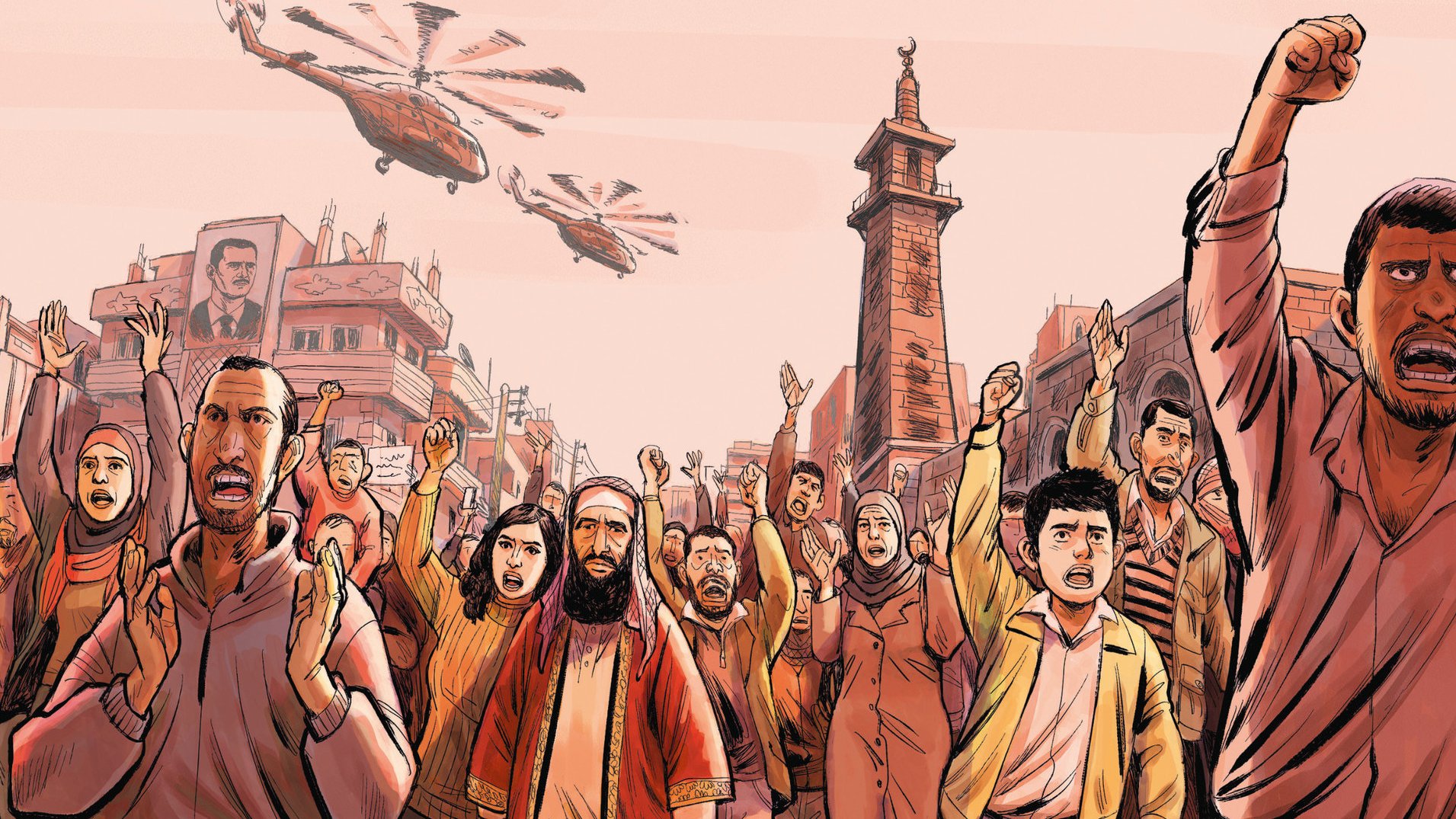 L'image représente une scène de protestation animée. Une foule diverse, composée d'hommes, de femmes et d'enfants, exprime des émotions intenses avec les bras levés et des expressions faciales déterminées. En arrière-plan, on peut voir des hélicoptères survolant la zone. Des bâtiments et des monuments sont visibles, suggérant un cadre urbain. L'atmosphère est chargée d'énergie et de dynamisme, reflétant un moment de mobilisation collective.