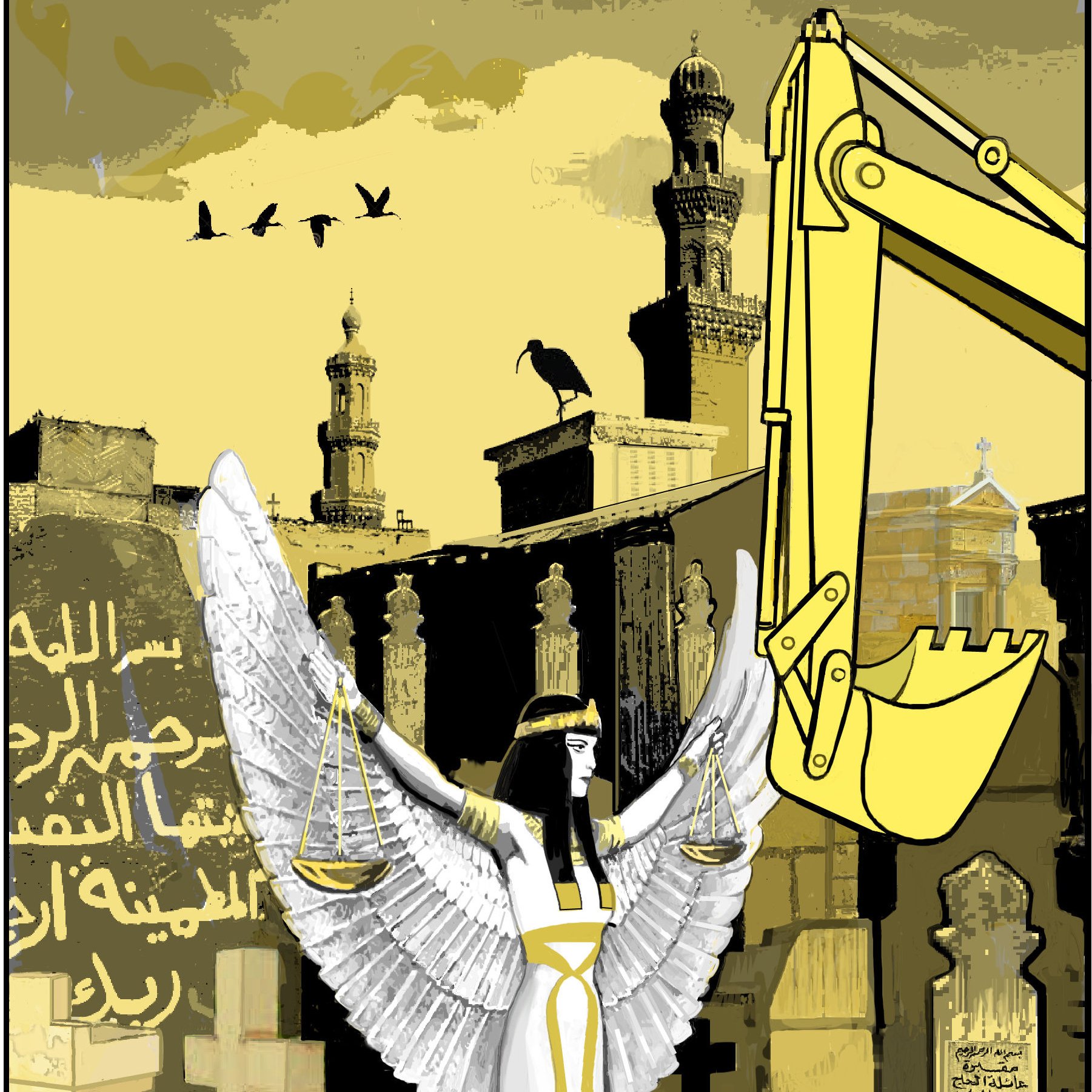 L'immagine presenta una figura femminile con ali bianche, che simboleggia la giustizia, con una bilancia tra le mani. Sullo sfondo si possono vedere edifici in stile architettonico tradizionale e una gru o escavatore in colore giallo, che sembra minacciare l'ambiente circostante. Volatili volano nel cielo, mentre ci sono anche elementi di croci e monumenti che suggeriscono un contesto di commemorazione o di memoria. L'opera combina simboli di giustizia con elementi di costruzione o distruzione, creando una contrapposizione tra giustizia e progresso.