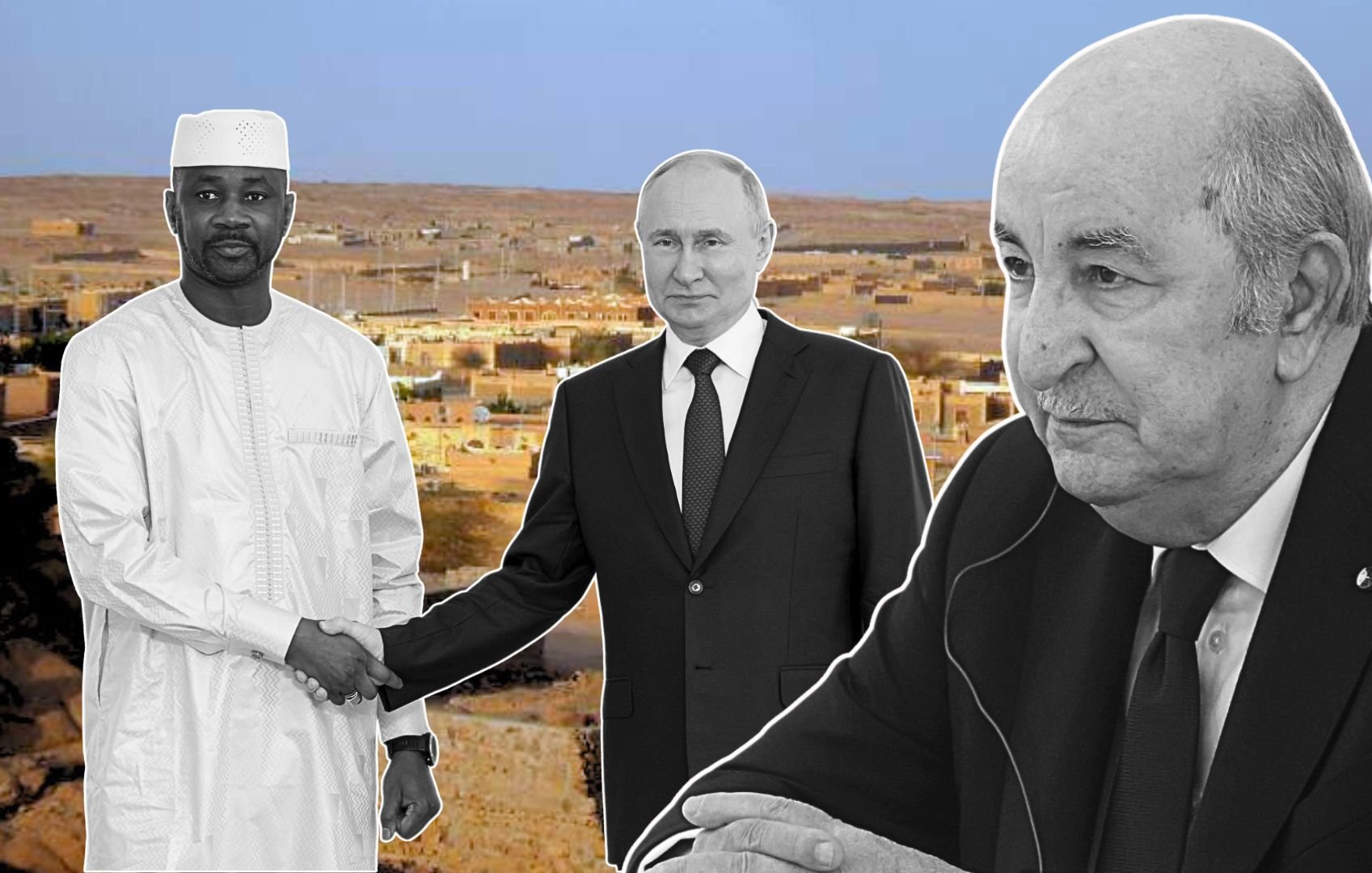 L'image présente un collage avec trois figures. Au centre, on voit un homme en costume noir, manifestement un leader politique. À sa gauche, un homme en tenue traditionnelle blanche, apparemment en train de serrer la main de l'autre homme. À droite, un homme plus âgé, visiblement en train de discuter ou de réfléchir. En arrière-plan, on aperçoit un paysage désertique, probablement représentant une région aride. L'ensemble semble évoquer un contexte diplomatique, peut-être une rencontre ou un accord entre dirigeants.