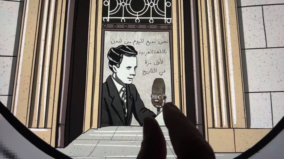 The image features an artistic representation of a historical figure, likely a broadcaster or writer, positioned near a prominent entrance, possibly of a building associated with the BBC. In the background, there are decorative elements and text, which could be in Arabic, hinting at cultural significance. A finger reaches towards a vintage microphone marked with "BBC," suggesting an interaction with the image or a focus on the broadcasting element. The overall style appears to be a blend of illustration and graphic design, emphasizing both history and media.