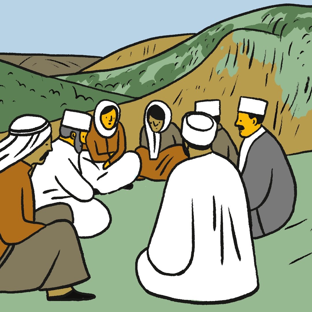 تظهر الصورة مجموعة من الأشخاص جلوسًا في حلقة على الأرض في منطقة طبيعية، تحيط بهم تلال خضراء. يرتدي الرجال ملابس تقليدية تشمل العمائم، في حين أن النساء يلبسن أزياء تقليدية أيضًا. يبدو أنهم engaged في حوار أو مناقشة، مما يعطي انطباعًا عن التقاليد الاجتماعية والترابط داخل المجتمع. الجو هادئ وطبيعي.