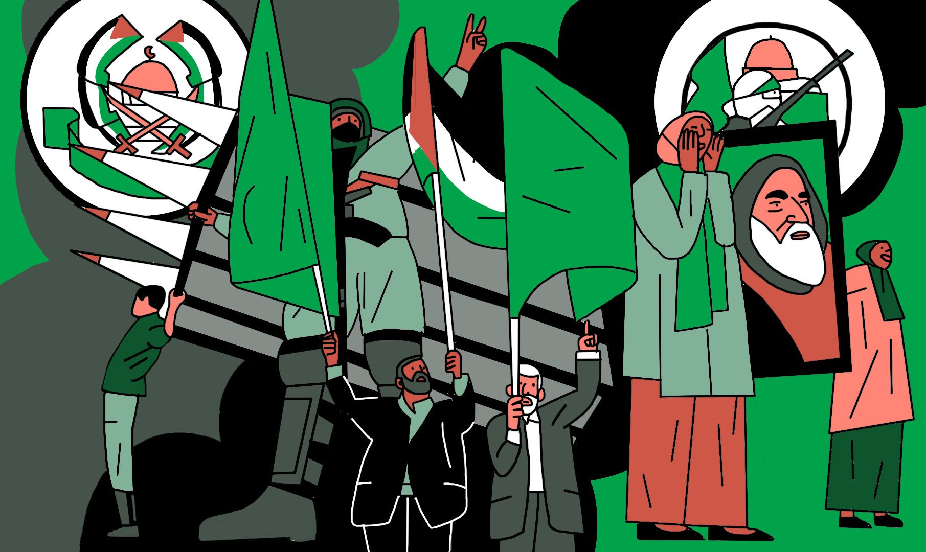 La imagen muestra una representación gráfica con un fondo verde y negro. Varias figuras sostienen banderas verdes, simbolizando unidad y protestas. Entre ellos, hay personas vestidas con ropa tradicional y otras en trajes más formales, lo que sugiere una mezcla de contextos. Detrás, se observa un vehículo militar y símbolos que podrían representar un movimiento o una causa específica. En el extremo derecho, hay una figura que parece estar haciendo un gesto de saludo o apoyo. La composición transmite un fuerte sentido de movilización y reivindicación.