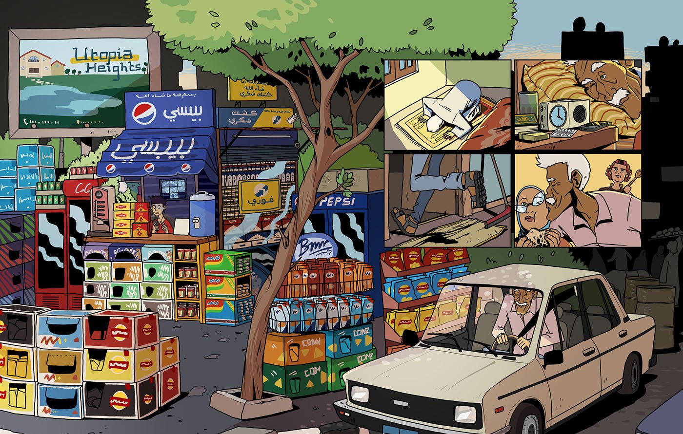 این تصویر یک صحنه شهری را نشان می‌دهد که در آن یک فروشگاه و غرفه‌های مختلف خرده‌فروشی به چشم می‌خورد. در پس‌زمینه، تابلوهایی با برندهای معروف دیده می‌شوند. در سمت چپ، غرفه‌ای با انواع نوشیدنی‌ها و تنقلات وجود دارد. یک درخت بزرگ در کنار خیابان جلوه چشم‌گیری ایجاد کرده است. در قسمت پایین تصویر، یک خودرو به رنگ روشن در حال حرکت است. همچنین، تصاویری کوچک‌تری از فعالیت‌های مختلف مانند کار کردن با کامپیوتر و تعاملات اجتماعی در گوشه تصویر وجود دارد. این صحنه ترکیبی از زندگی روزمره و جنبه‌های فرهنگی شهر را به تصویر می‌کشد.