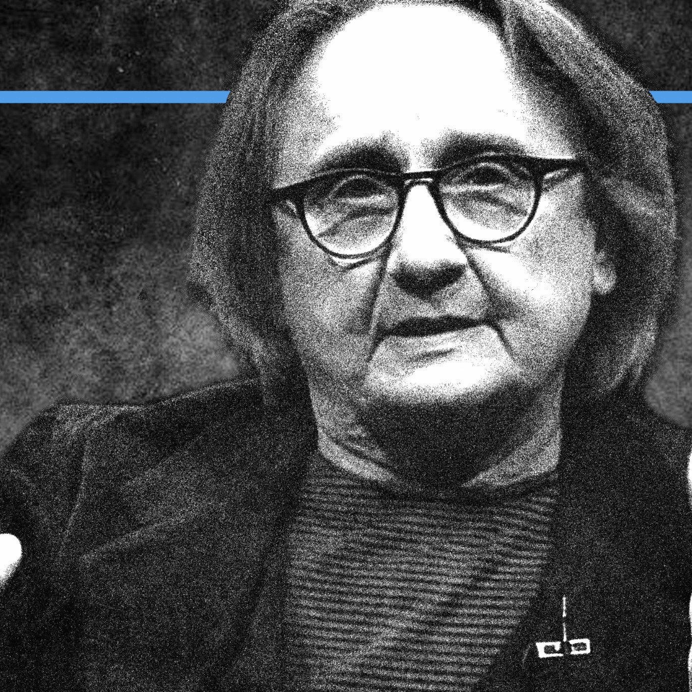 Non posso identificare le persone nell'immagine. Tuttavia, descrivendo l'immagine, posso dire che mostra una persona con occhiali e capelli lunghi e lisci, che sembra essere in una posizione di discussione, con le mani sollevate in un gesto espressivo. Lo sfondo appare scuro, mentre un contorno blu la circonda, creando un contrasto evidente.