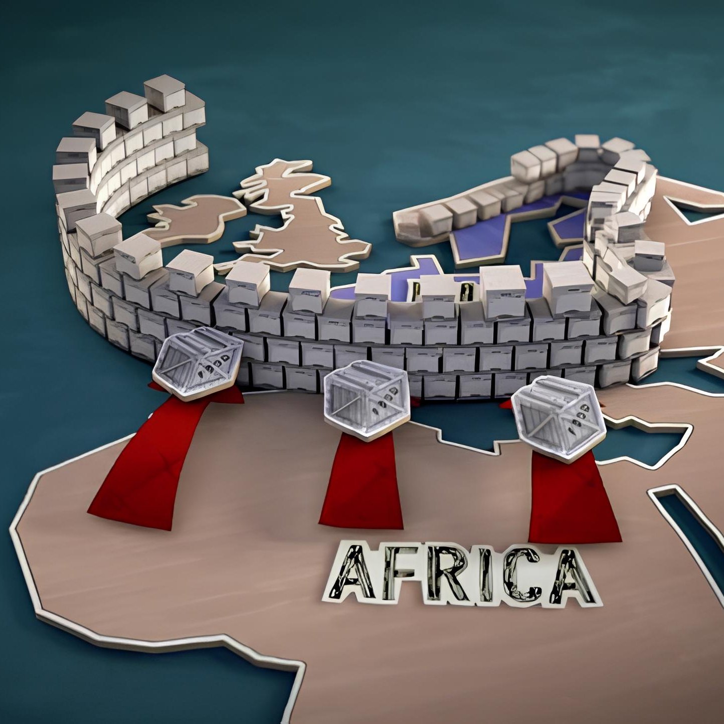 L'immagine rappresenta una mappa stilizzata che mostra una parte dell'Europa e dell'Africa. Al centro, si vede una struttura che somiglia a un murale o a un forte, costruito con blocchi bianchi. Da questa struttura, si estendono tre frecce rosse che puntano verso il continente africano. I nomi "AFRICA" e "ASIA" sono scritti in caratteri evidenti, suggerendo un tema geopolitico o di esplorazione. Il design sembra dare l'idea di una connessione tra le diverse regioni, evidenziando l'importanza delle relazioni tra Europa e Africa.