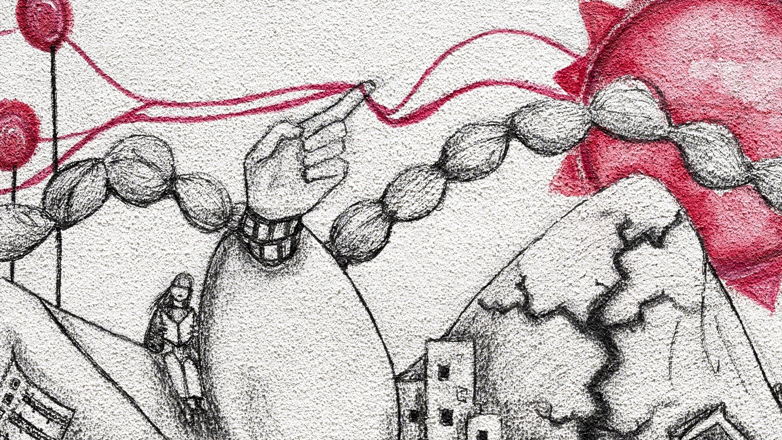 L'immagine presenta un disegno in bianco e nero con tratti rossi. Al centro, una grande mano punta verso un sole stilizzato, le cui linee rosse emanano raggi. Sullo sfondo, si vedono montagne frastagliate e edifici in rovina, suggerendo un ambiente che potrebbe essere stato colpito da una catastrofe. In primo piano, una figura umana è rappresentata in una posizione più piccola, creando un contrasto significativo con gli elementi più grandi e dominanti. L'atmosfera complessiva è di tensione e di interconnessione tra l'umanità e forze naturali.