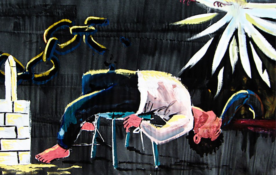 تظهر في الصورة شخصية مستلقية على كرسي، يبدو أنها في حالة تعب أو استسلام. يُظهر الرسم سلاسل مثبتة تشير إلى القيود أو العوائق. الخلفية مظلمة وتحتوي على تفاصيل فنية مثل الأشكال المنحنية والألوان المتباينة، مما يعكس شعوراً بالضيق أو الشجن. يبدو أن الصورة تعبر عن موضوعات مثل العبودية، الفقدان، أو المعاناة.