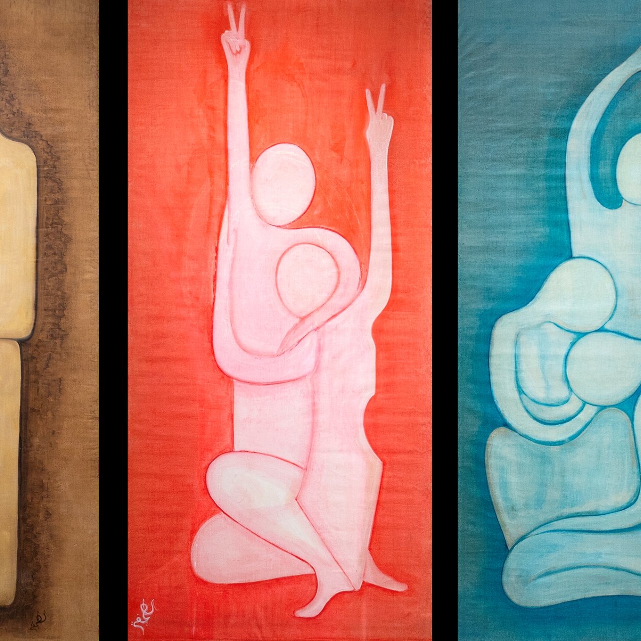 ثلاثة لوحات ملونة تجسد الحركة والعواطف بين أشخاص بأشكال مبسطة.