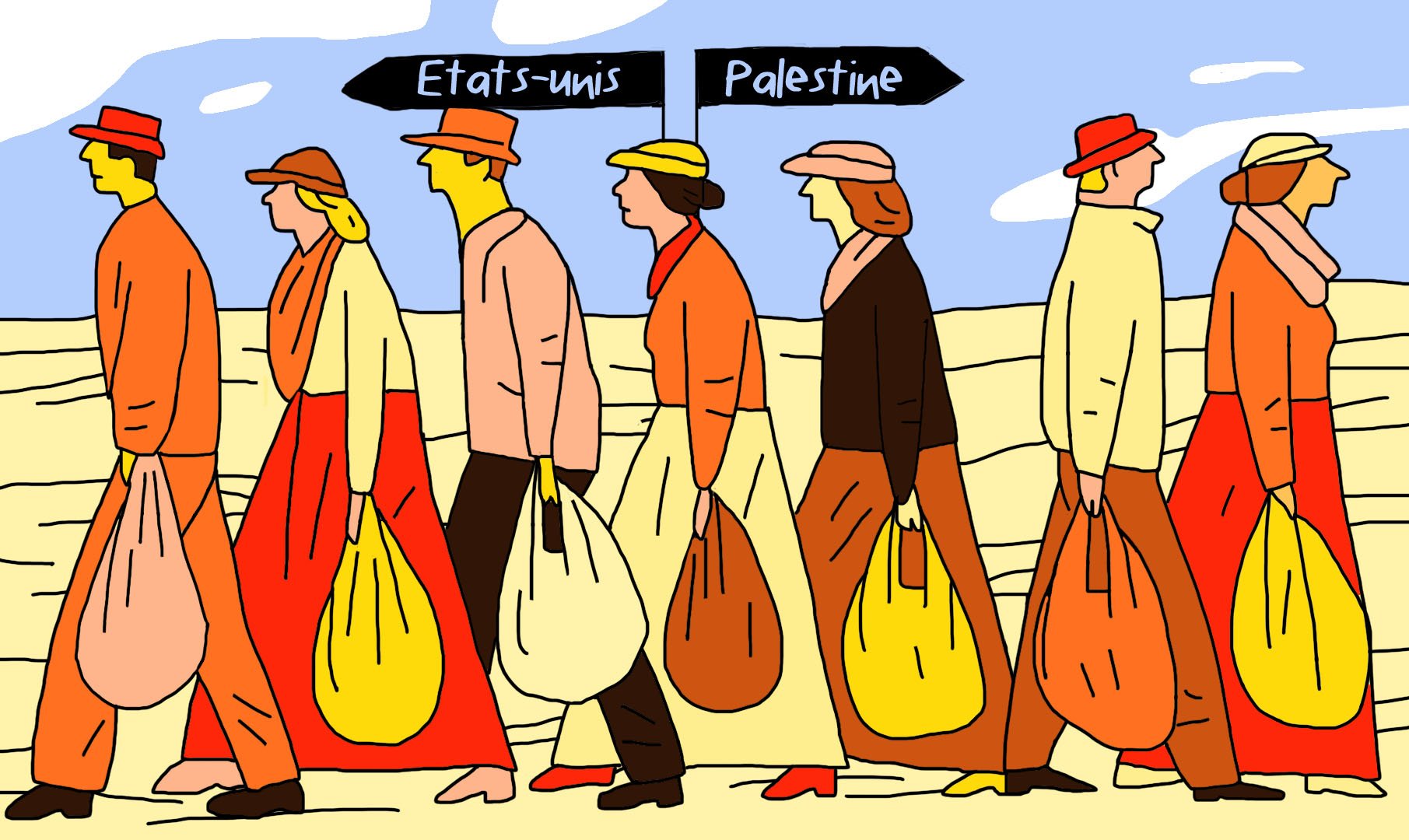 L'image représente une scène de personnes marchant côte à côte, portant de grands sacs. On voit des figures stylisées, avec des couleurs vives et un style graphique simple. Les mots "États-Unis" et "Palestine" sont affichés au-dessus de certains groupes de personnages, suggérant un contraste ou une relation entre ces deux entités. Le fond est désertique, renforçant le sentiment d'un voyage ou d'une migration.