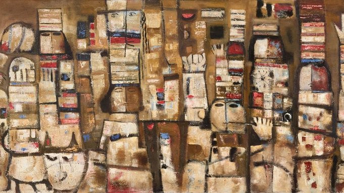 Composition abstraite avec des formes géométriques et des couleurs terreuses, évoquant une ville.