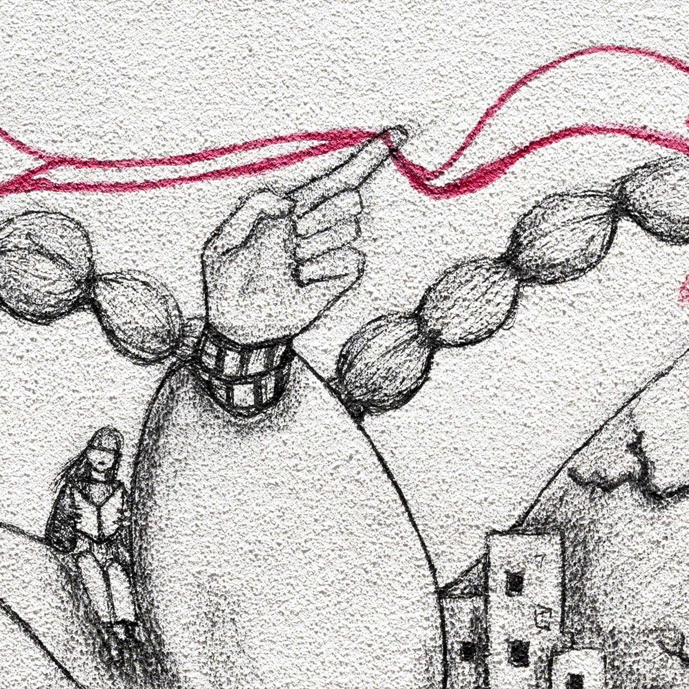 L'immagine presenta un disegno in bianco e nero con tratti rossi. Al centro, una grande mano punta verso un sole stilizzato, le cui linee rosse emanano raggi. Sullo sfondo, si vedono montagne frastagliate e edifici in rovina, suggerendo un ambiente che potrebbe essere stato colpito da una catastrofe. In primo piano, una figura umana è rappresentata in una posizione più piccola, creando un contrasto significativo con gli elementi più grandi e dominanti. L'atmosfera complessiva è di tensione e di interconnessione tra l'umanità e forze naturali.