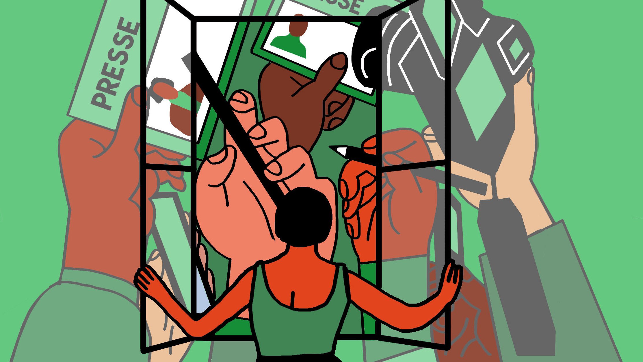 L'image montre une silhouette de femme tenant un cadre ouvert, tandis que plusieurs mains sont projetées derrière elle, tenant des cartes de presse et un appareil photo. Le fond est vert, ce qui attire l'attention sur l'action de prendre des photos ou de documenter des événements. Les éléments évoquent le journalisme et la couverture médiatique. La composition suggère une interaction dynamique entre la journaliste et l'objet de son travail.