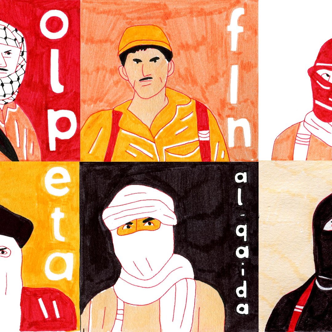 La imagen presenta un collage de seis personajes en un estilo artístico colorido. Cada personaje está representado con diferentes vestimentas y rostros parcialmente cubiertos, lo que sugiere una temática relacionada con grupos militantes o conflictos. Los colores de fondo varían entre tonos cálidos y fríos. Las palabras "olpeta", "final", "ira" y "al-qaida" están visibles, lo que podría indicar un mensaje de protesta o un comentario sobre la guerra y el extremismo. La obra utiliza una mezcla de técnicas de dibujo y pintura para crear una atmósfera impactante.