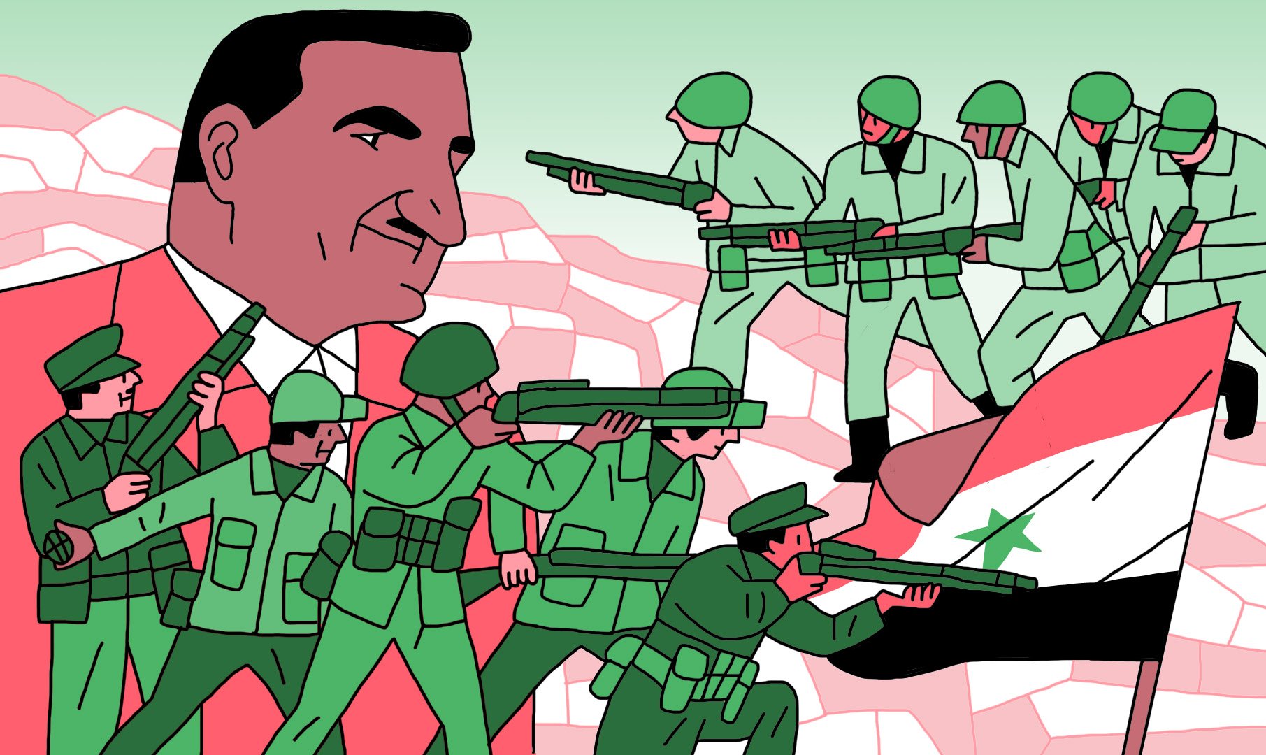 L'image représente une scène illustrée avec un homme en costume rouge, qui semble être un dirigeant, entouré de soldats en uniformes verts. Ces derniers portent des fusils et adoptent des poses militaires, évoquant un contexte de conflit ou de défense. En arrière-plan, le drapeau de la Syrie est visible, ce qui indique une thématique liée à la Syrie. L'ensemble est dessiné dans un style graphique avec des couleurs vives.