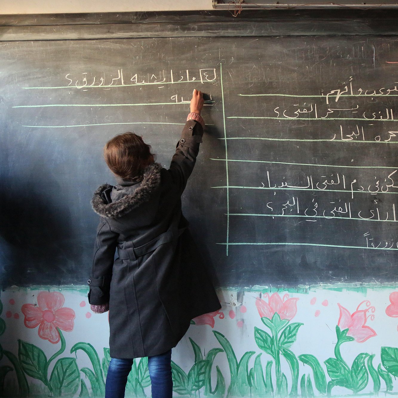 L'image montre une salle de classe avec un tableau noir. Une élève, de dos, écrit quelque chose au tableau avec une craie blanche. Elle porte un manteau noir. Le tableau est divisé en plusieurs sections avec des inscriptions en arabe. En bas du tableau, on peut voir des dessins de fleurs colorées qui décorent le mur. L'ambiance générale semble être celle d'un environnement scolaire.