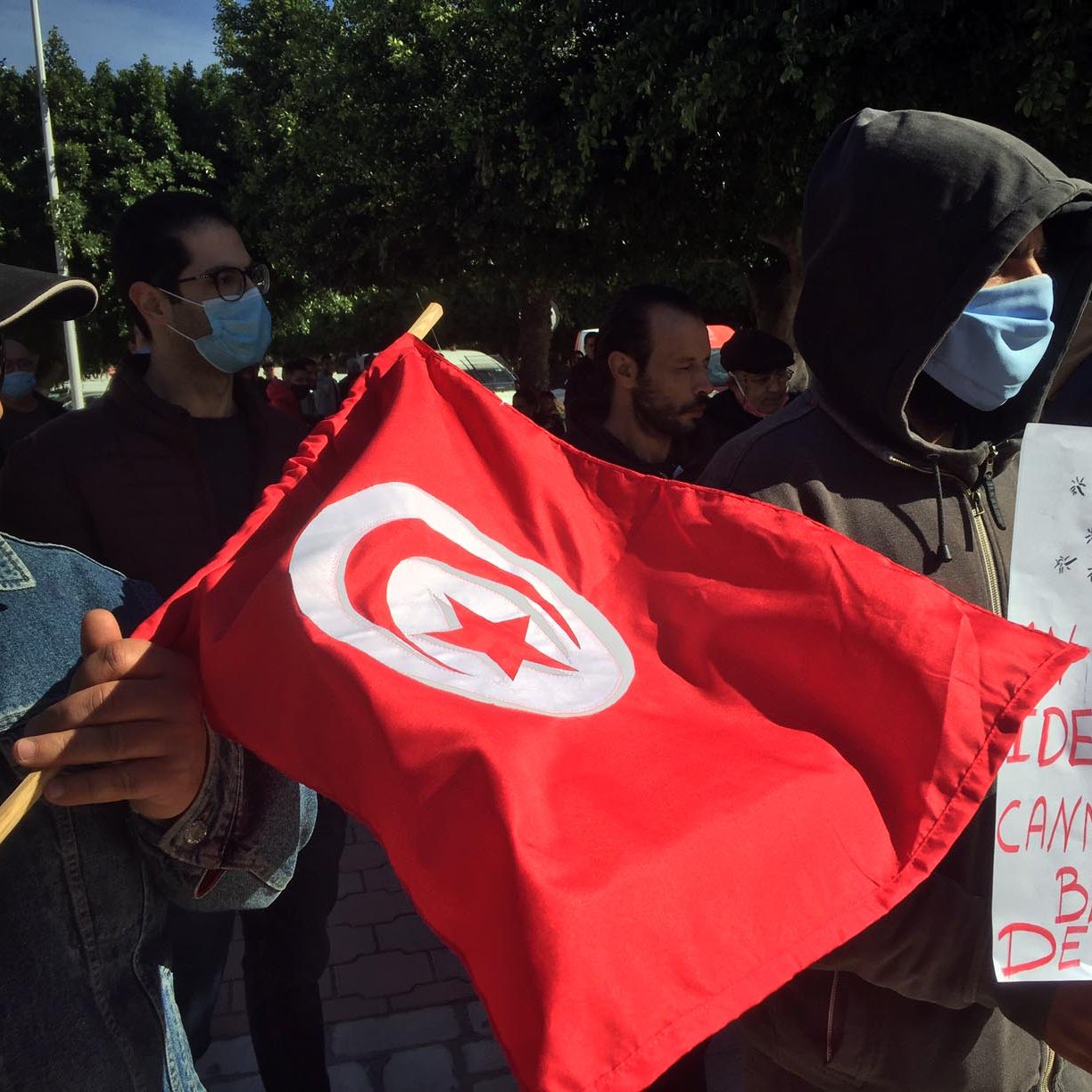 En la imagen se puede ver a un grupo de personas participando en una manifestación. Uno de los manifestantes sostiene una bandera roja con una estrella y una media luna blancas, símbolo nacional de Túnez. Otro individuo lleva un cartel que dice "Una idea no puede ser destruida", acompañado de una ilustración. La mayoría de los participantes utilizan mascarillas, y el ambiente parece ser de protesta pacífica. El fondo muestra árboles y un entorno urbano.