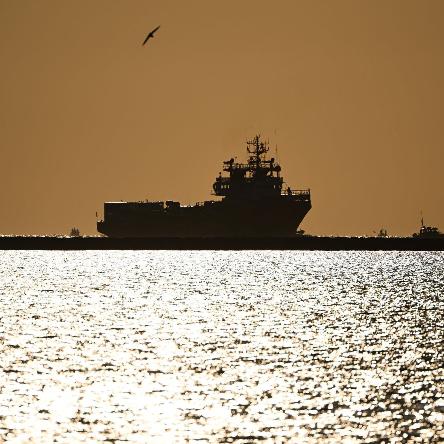 The image depicts a silhouette of a large ship on water during sunset or sunrise. The scene is bathed in a warm golden light, creating a dramatic contrast between the dark shape of the ship and the shimmering, reflective surface of the water. A seagull is seen flying in the sky, adding to the serene atmosphere of the moment. The horizon appears distant, enhancing the feeling of calmness and stillness in the scene.