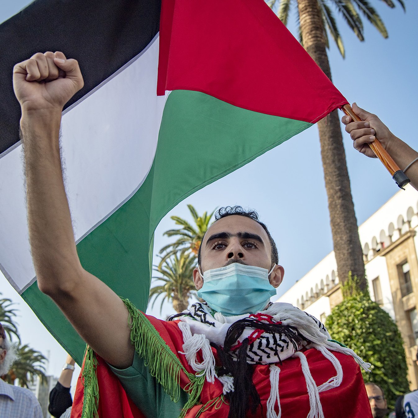 در این تصویر، مردی در حال برگزاری یک تجمع یا اعتراض است. او با افتخار پرچم فلسطین را در دست دارد و دستش را بالا برده است. چهره‌اش نشان‌دهنده احساسات عاطفی و شور و شوق است. او همچنین ماسکی به خاطر تدابیر بهداشتی بر صورت دارد. در پس‌زمینه، درختان نخل دیده می‌شوند که به فضای گرمسیری و پرجنب‌وجوش این مراسم افزوده‌اند. افراد دیگری نیز در تصویر حاضرند که برخی از آن‌ها ماسک زده‌اند.