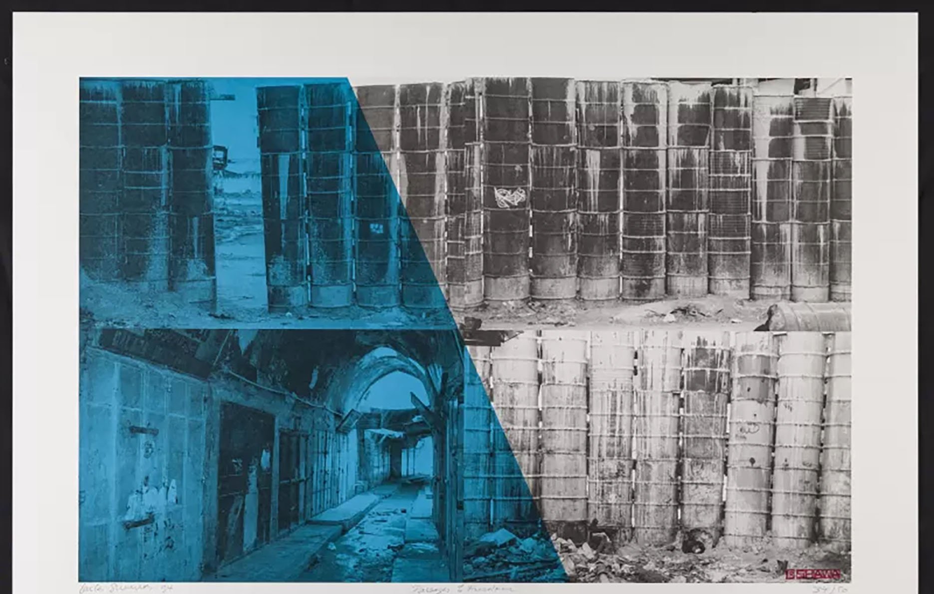 صورة فنية تظهر أنقاض مبانٍ بمزيج من الألوان والخطوط الهندسية.