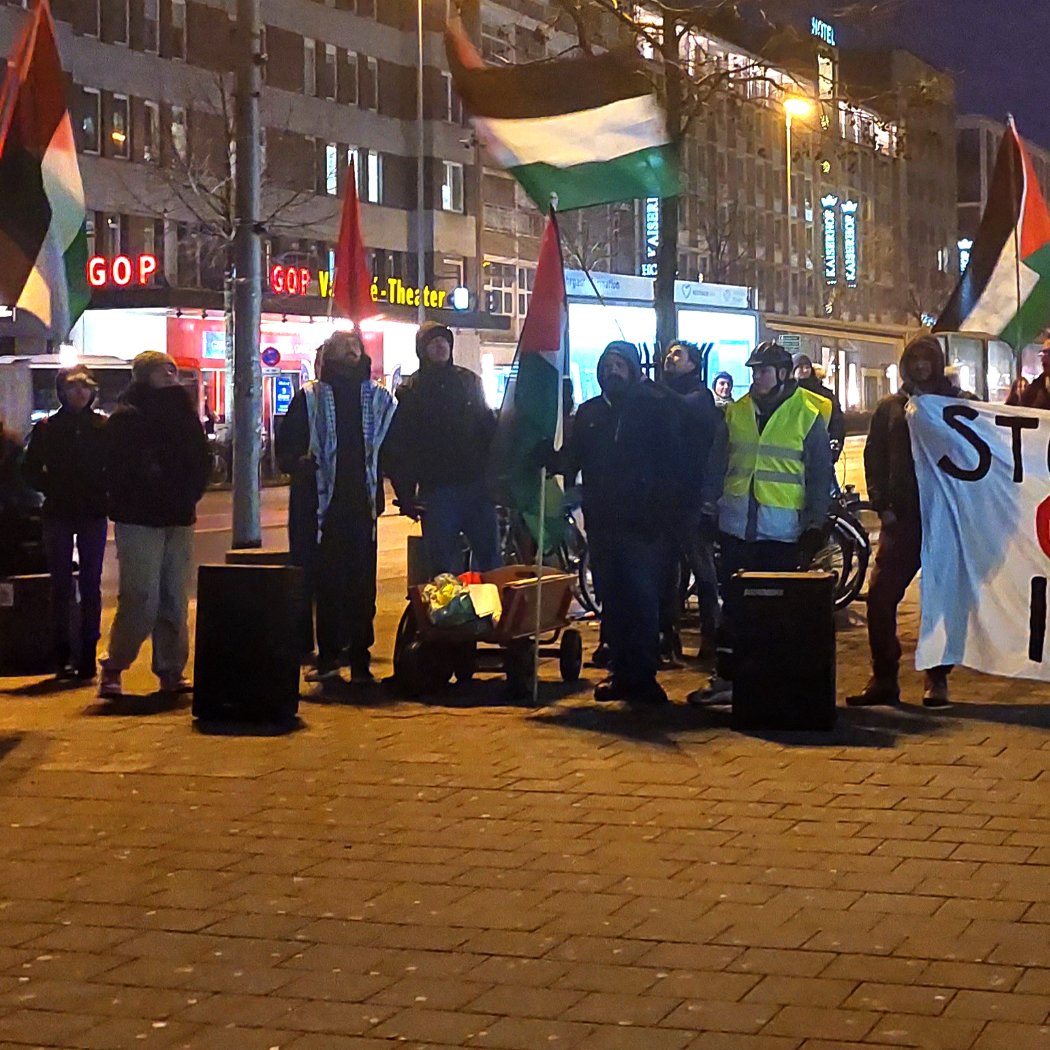 این تصویر مربوط به تجمعی است که در آن تعداد زیادی از افراد با پرچم‌های فلسطینی و یک banner بزرگ حضور دارند. روی بنر نوشته شده است: "STOPPT DEN GENOZID IN GAZA" که به معنای "نسل‌کشی در غزه را متوقف کنید" است. فضای تجمع شهری به نظر می‌رسد و شب است.
