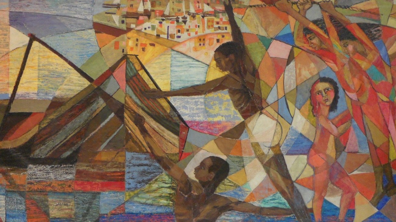 تظهر في هذه الصورة تكويناً فنياً يعتمد على الألوان الزاهية والأشكال الهندسية المتداخلة. يُجسد العمل مجموعة من الأشخاص الذين يقومون بسحب قارب، حيث تعكس تعابيرهم حركتهم الجادة والتعاون. في الخلفية، يمكن رؤية مشهد طبيعي وقرية تُرسم بأسلوب تجريدي يضيف عمقاً إلى العمل. تبرز الألوان الدافئة والباردة معاً، مما يخلق تبايناً مؤثراً ويسلط الضوء على القوة والحيوية في المشهد.