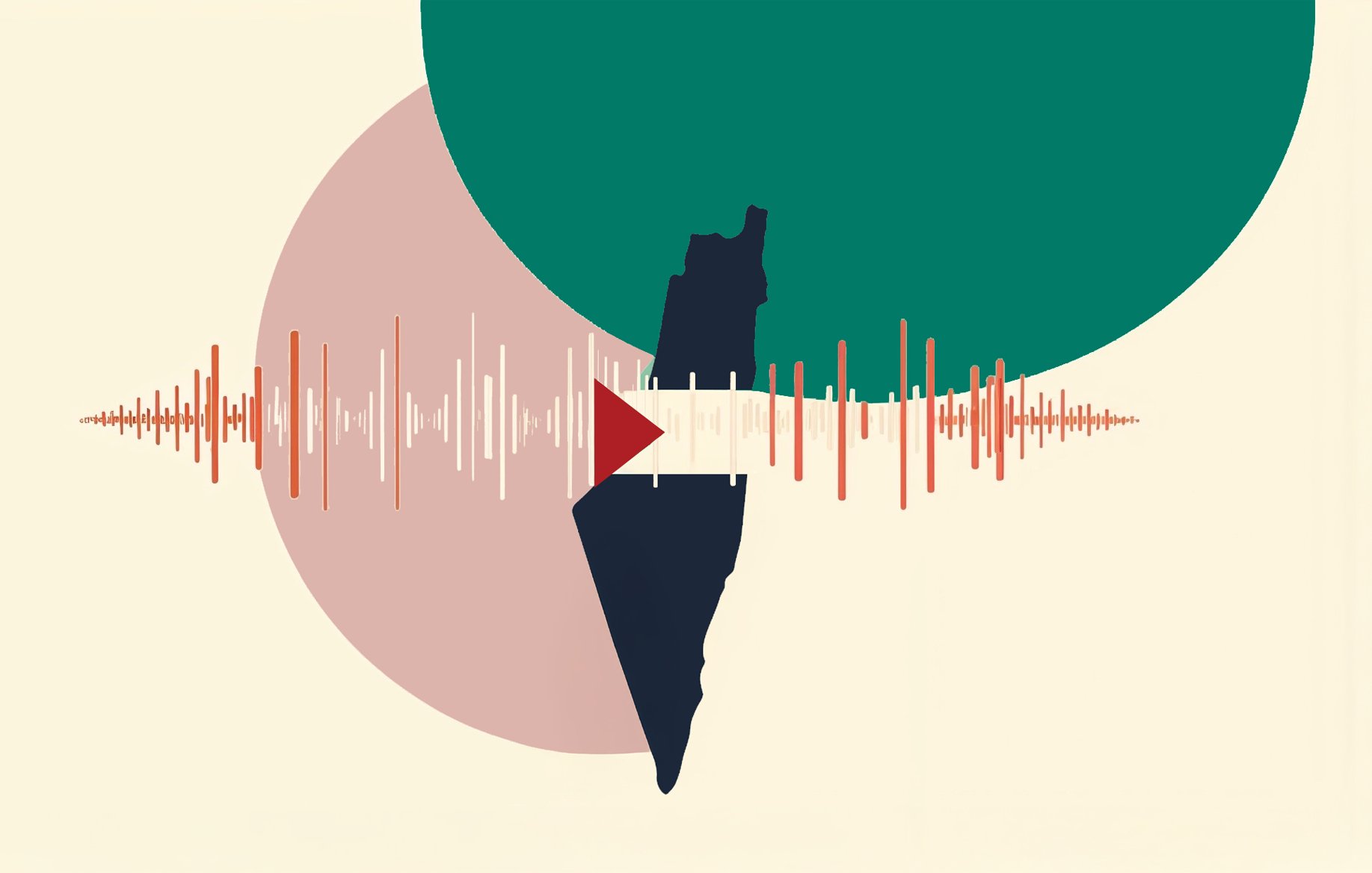 L'immagine presenta una composizione grafica che combina elementi astratti e simbolici. Al centro si trova una silhouette che rappresenta una mappa di un territorio, affiancata da forme geometriche colorate, come un cerchio verde e uno rosa. Sotto la mappa, si estende un'onda sonora stilizzata, formata da linee di varia lunghezza e colore, creando un contrasto visivo interessante. Il design è moderno e minimalista, evocando temi di comunicazione e identità.